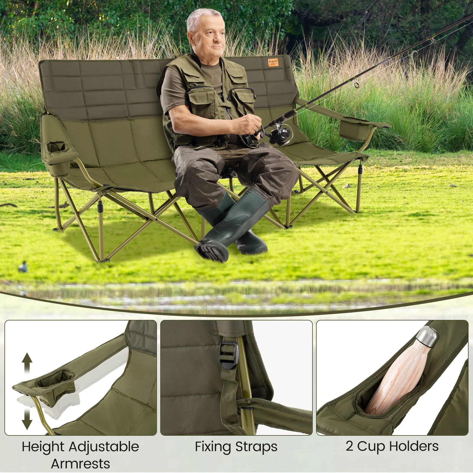 3 Person Folding Camping Chair, Cotton Padding, 2 Cup Holders, Storage Bag, Green - Image 8