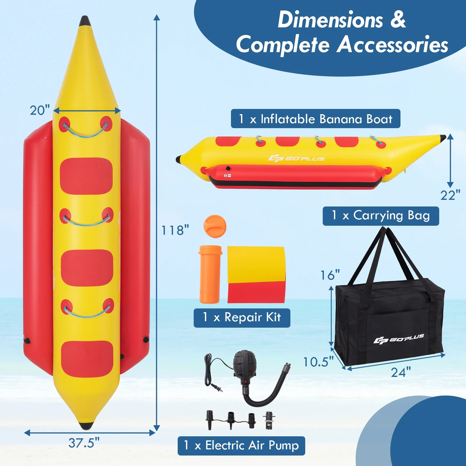3-Person Inflatable Banana Boat, Electric Air Pump, Carrying Bag, Repair Kit, Yellow - Image 6