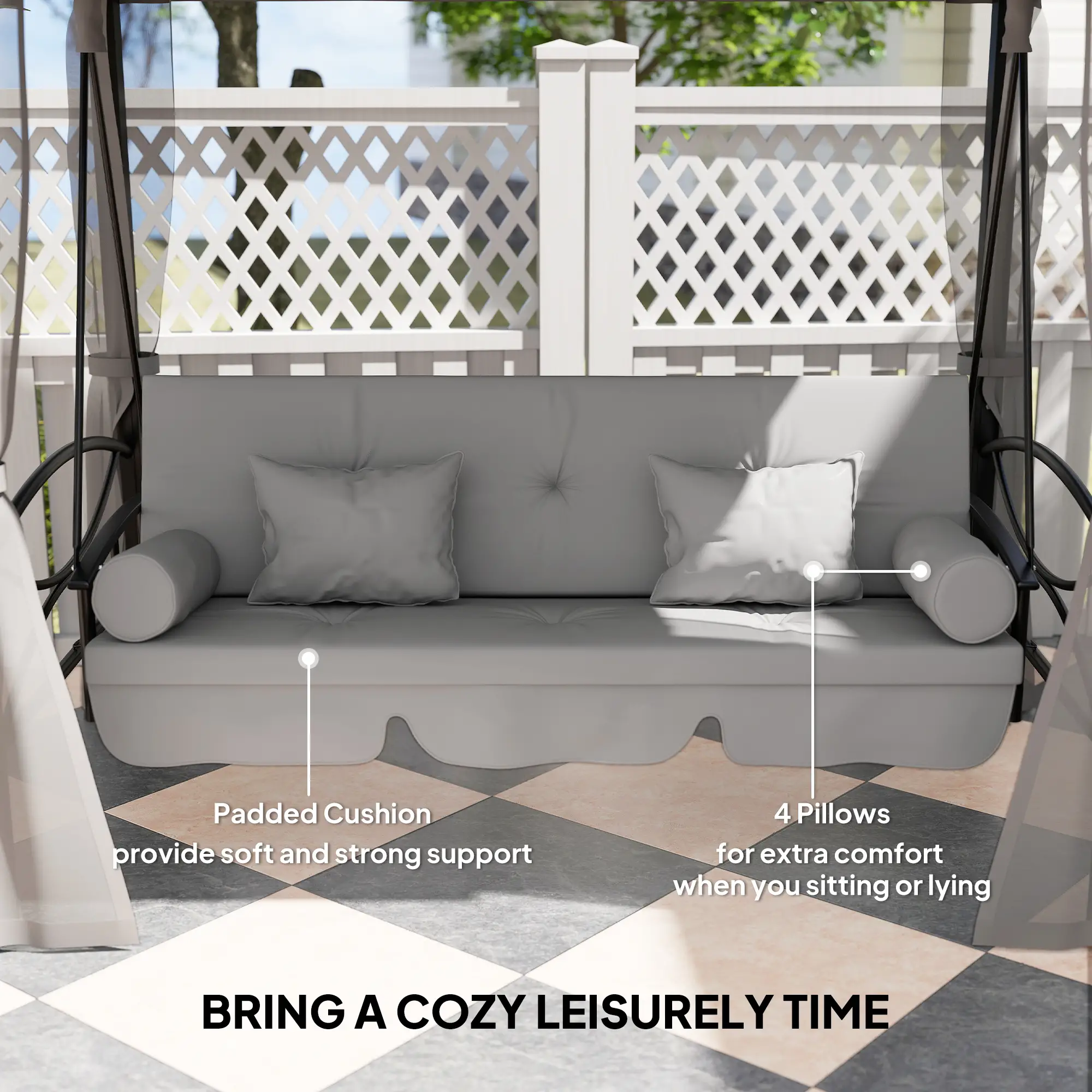 3 Person Outdoor Daybed, Canopy Gazebo Swing Chair, Grey - Image 7