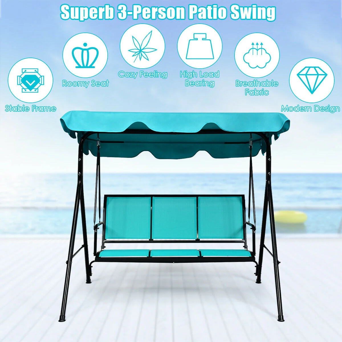 3 Person Patio Swing, Polyester Adjustable Canopy, Steel Frame, Blue - Image 3