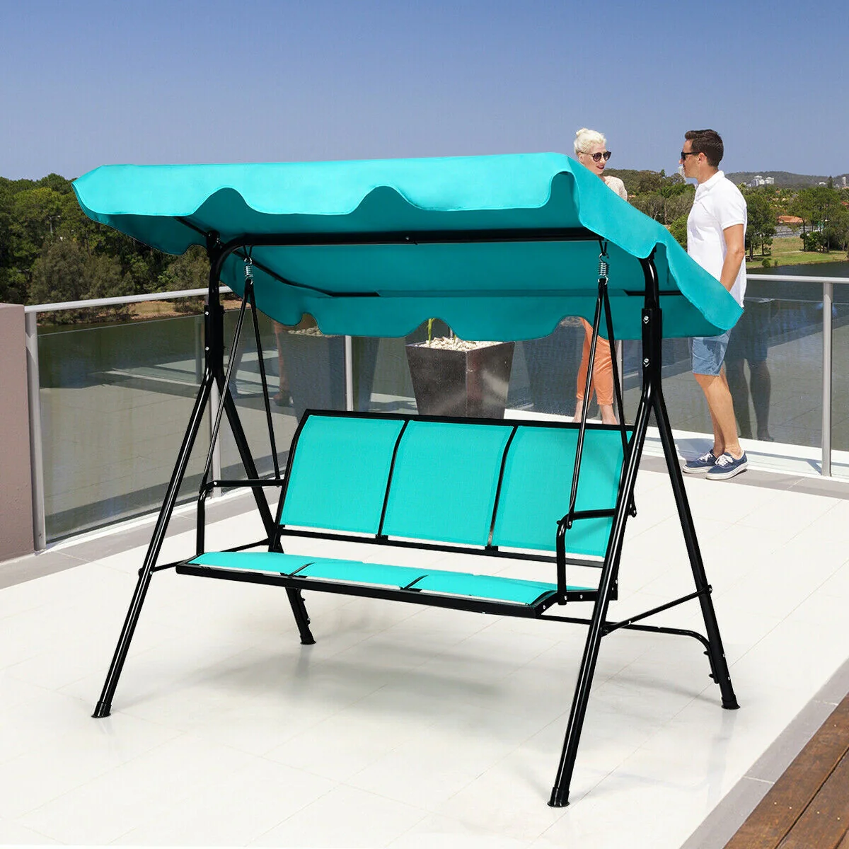 3 Person Patio Swing, Polyester Adjustable Canopy, Steel Frame, Blue - Image 8