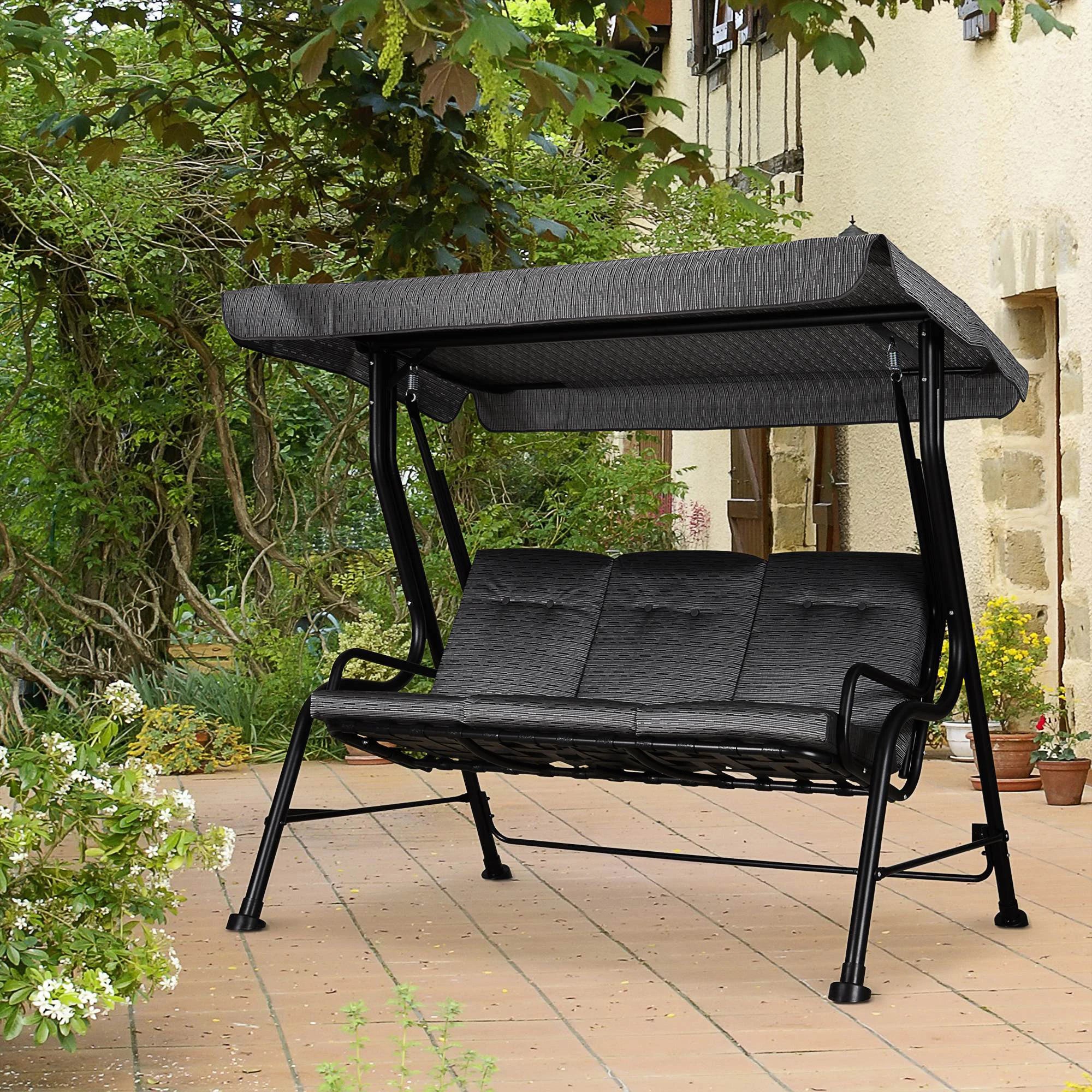 3-Person Porch Swing, Adjustable Canopy, Thick Cushion, Steel Frame, Grey - Image 2