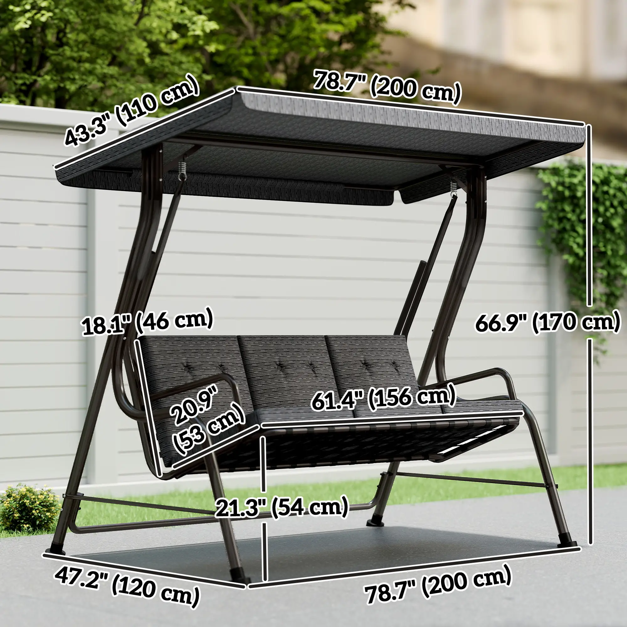 3-Person Porch Swing, Adjustable Canopy, Thick Cushion, Steel Frame, Grey - Image 3