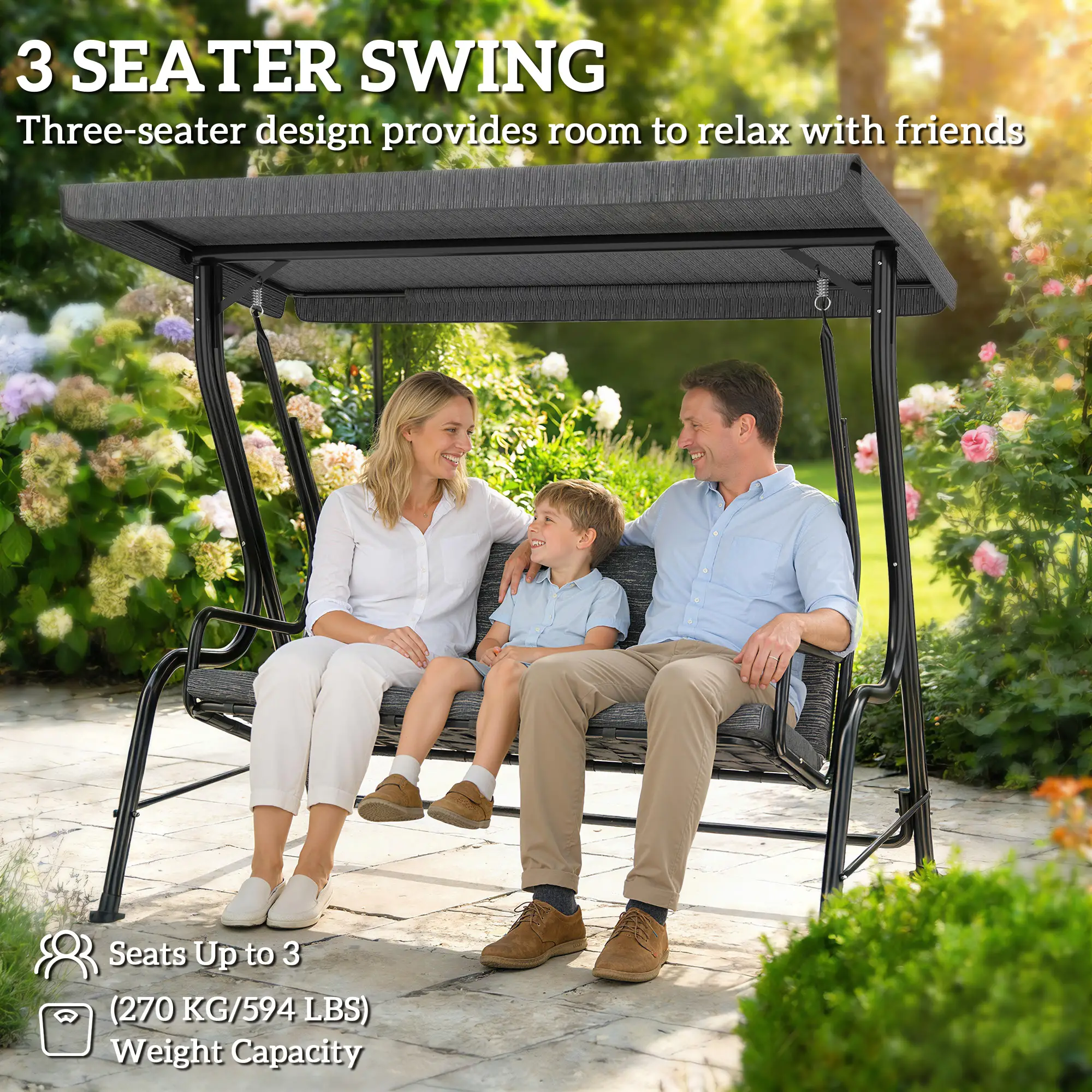 3-Person Porch Swing, Adjustable Canopy, Thick Cushion, Steel Frame, Grey - Image 6