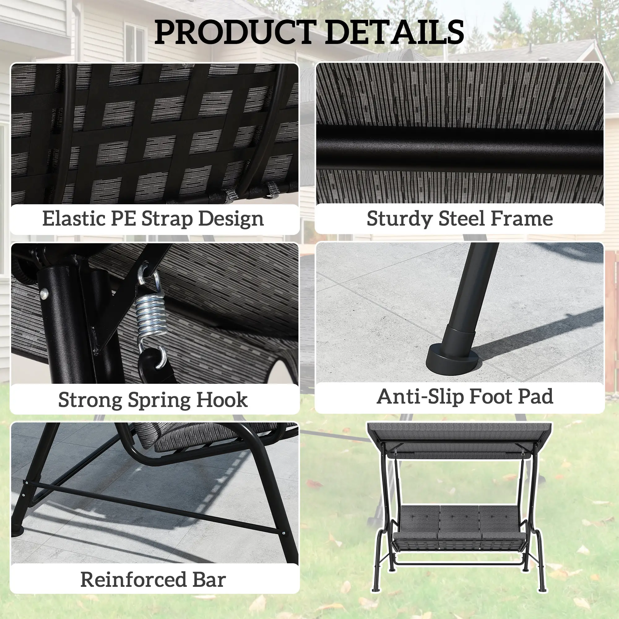 3-Person Porch Swing, Adjustable Canopy, Thick Cushion, Steel Frame, Grey - Image 7