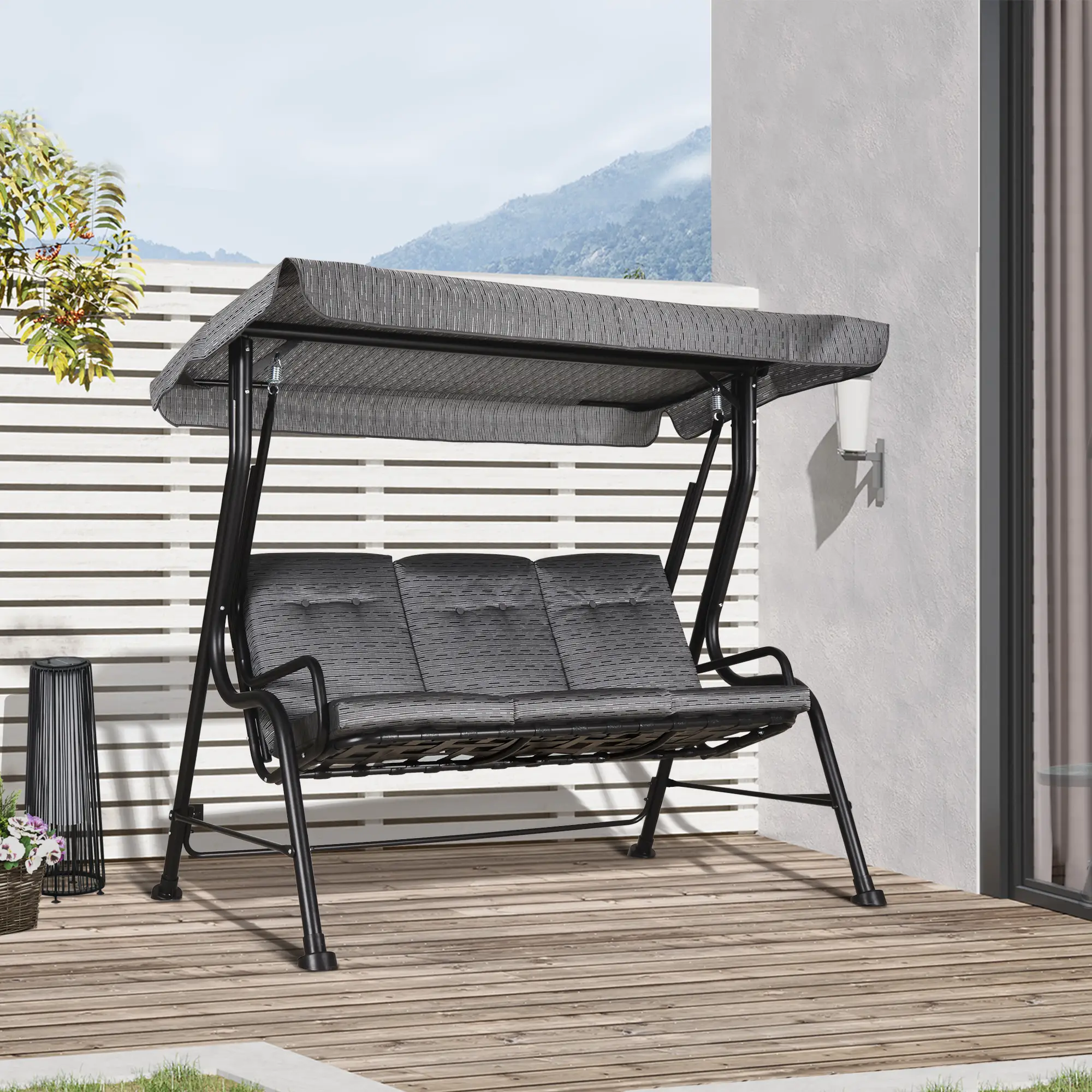 3-Person Porch Swing, Adjustable Canopy, Thick Cushion, Steel Frame, Grey - Image 8