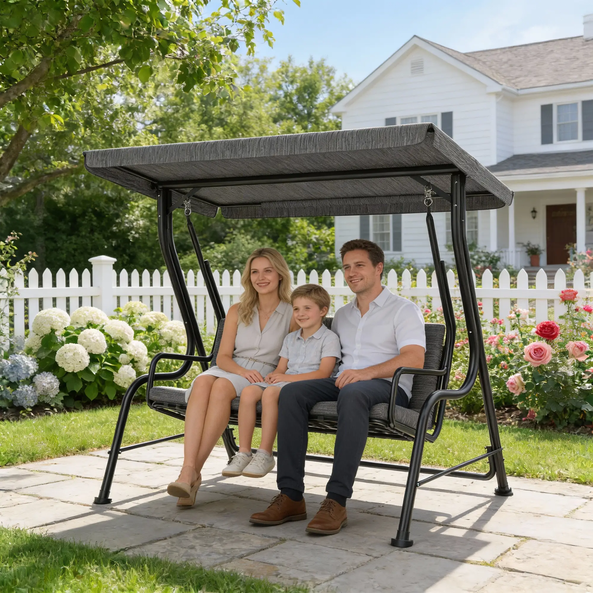 3-Person Porch Swing Chair, Adjustable Canopy, Removable Cushion, Black - Image 2