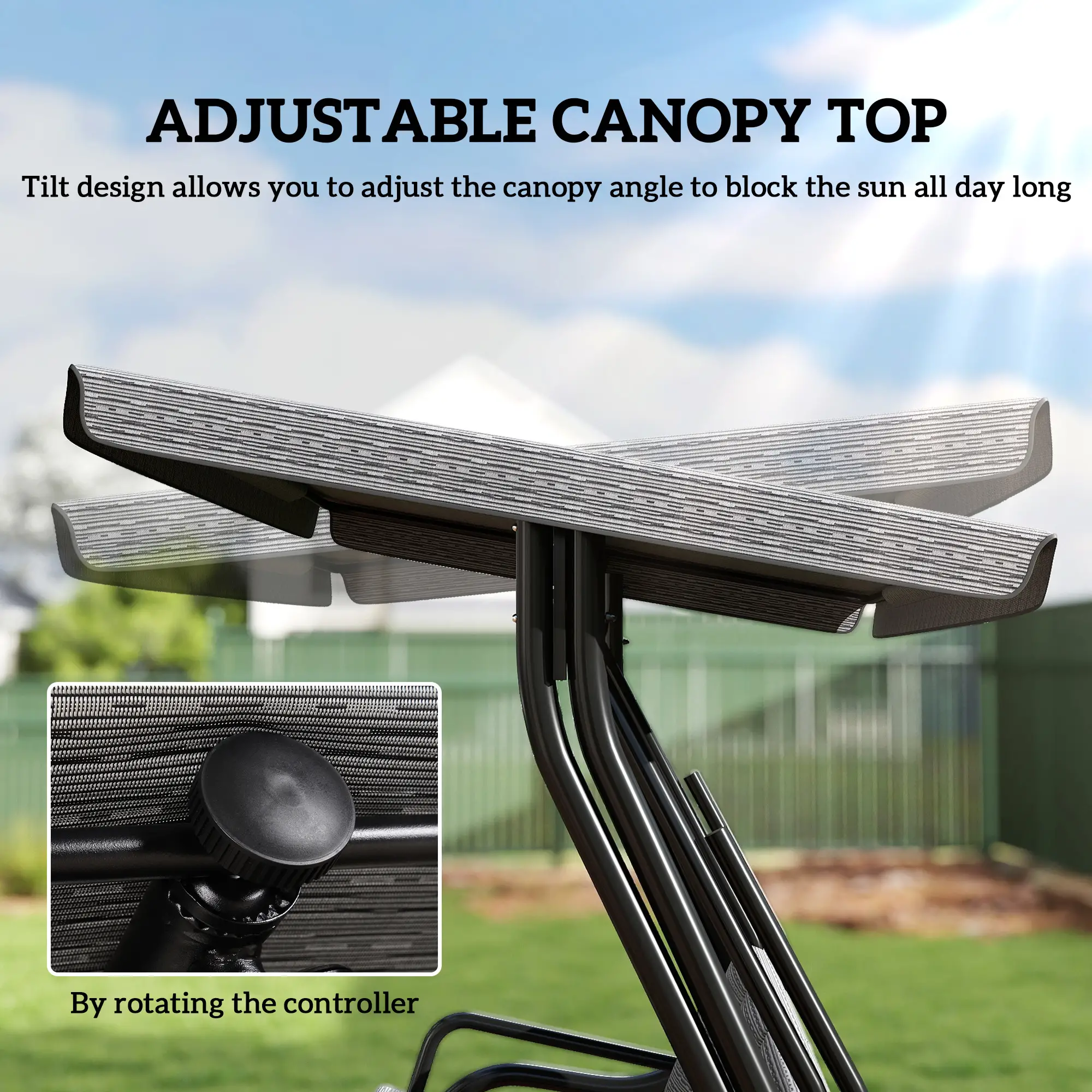 3-Person Porch Swing Chair, Adjustable Canopy, Removable Cushion, Black - Image 4