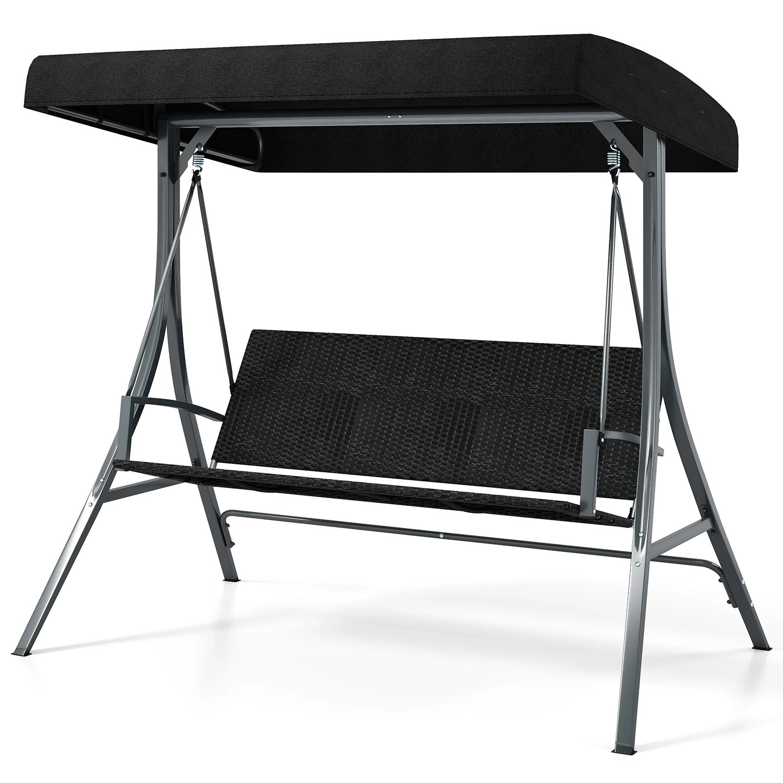 3-Person Porch Swing With Stand, Outdoor Canopy, Rattan Seat Back, Black