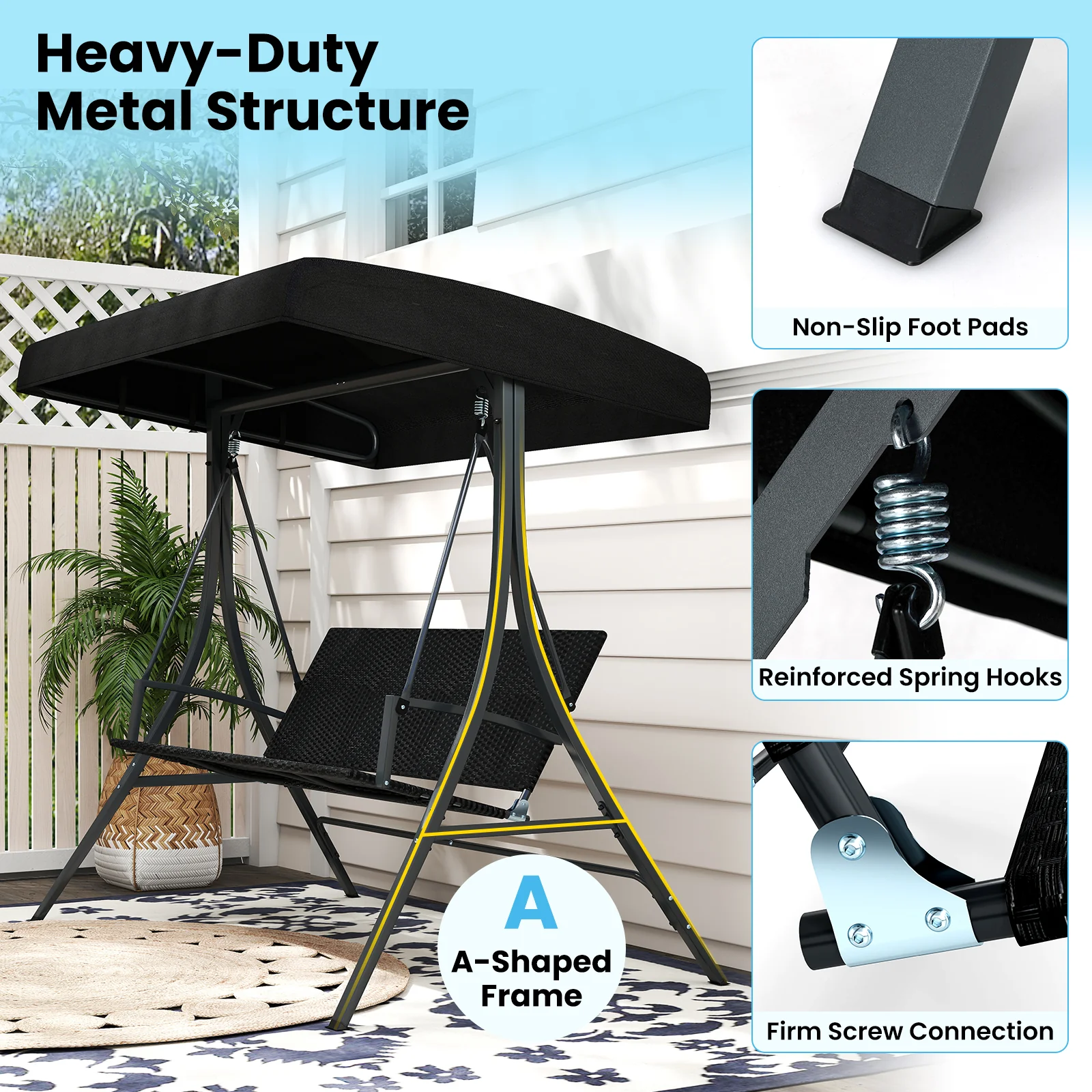 3-Person Porch Swing With Stand, Outdoor Canopy, Rattan Seat Back, Black - Image 10