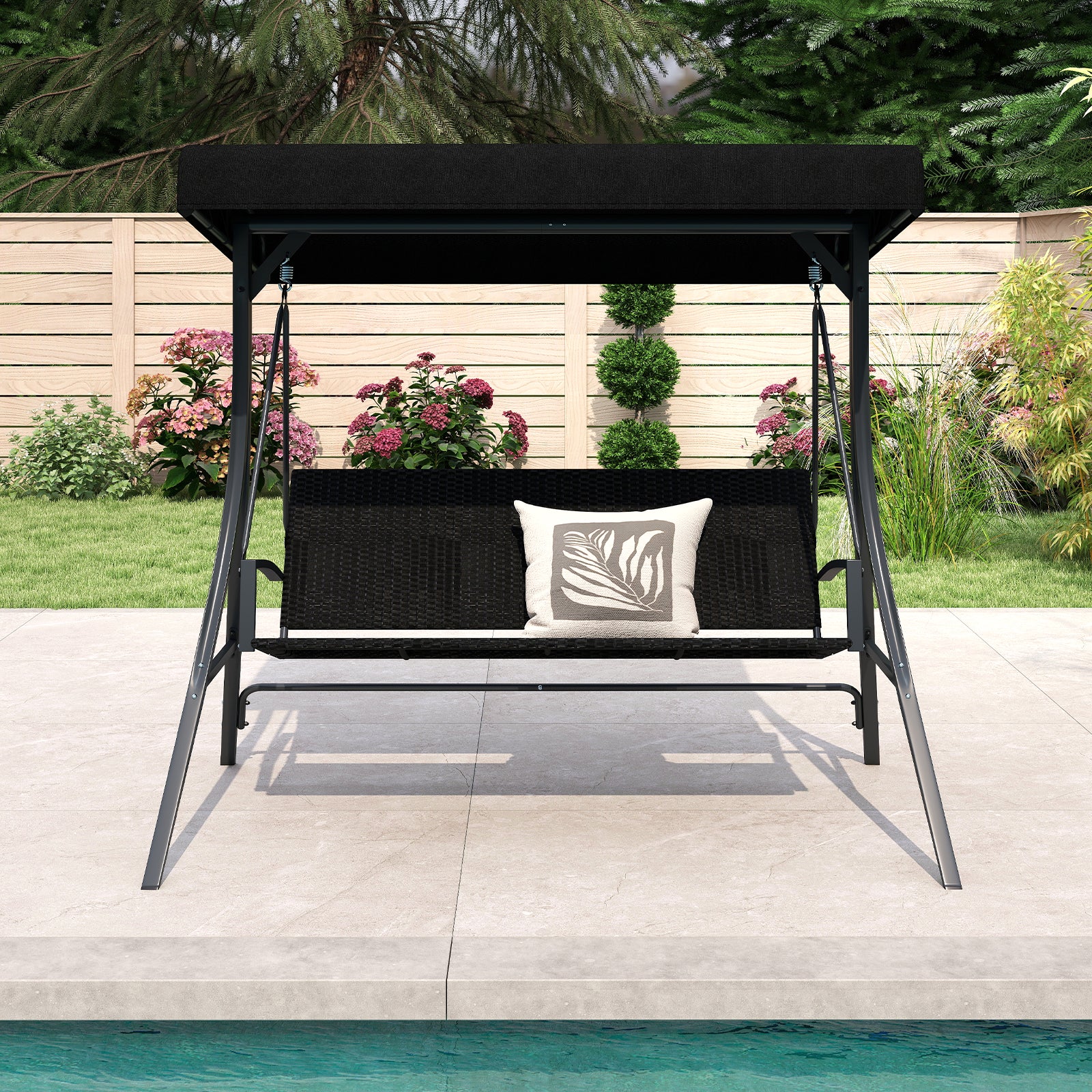 3-Person Porch Swing With Stand, Outdoor Canopy, Rattan Seat Back, Black - Image 2