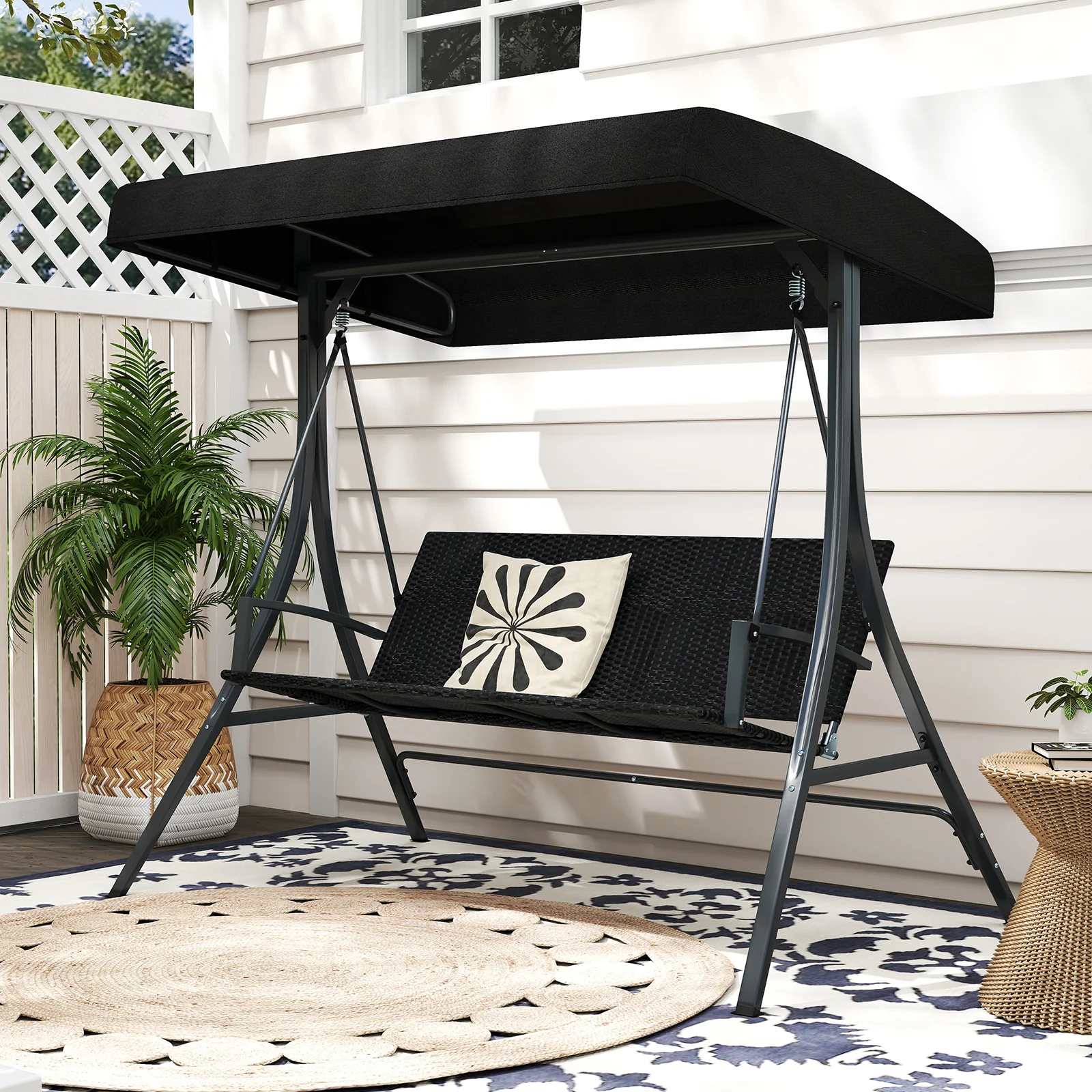3-Person Porch Swing With Stand, Outdoor Canopy, Rattan Seat Back, Black - Image 6
