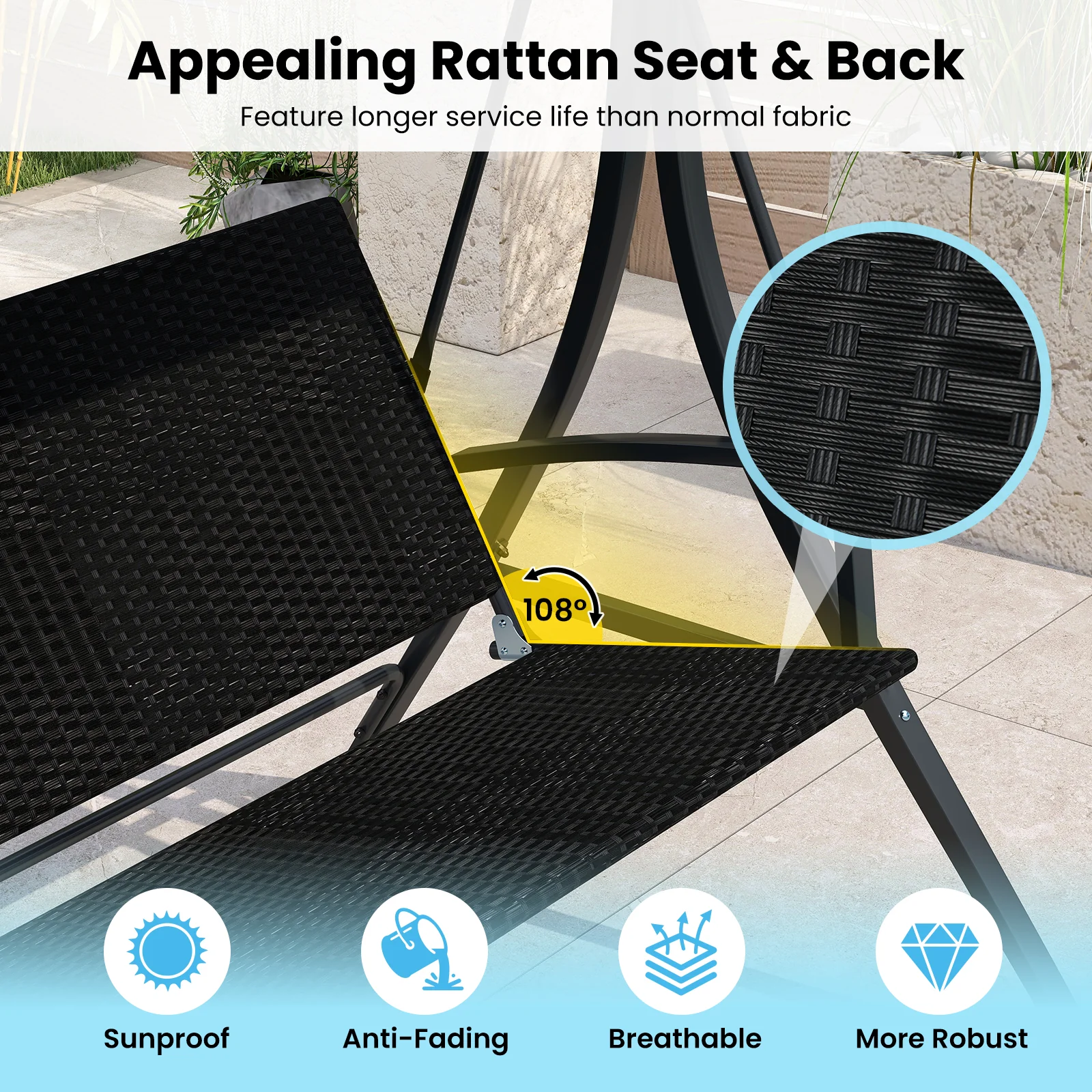 3-Person Porch Swing With Stand, Outdoor Canopy, Rattan Seat Back, Black - Image 8