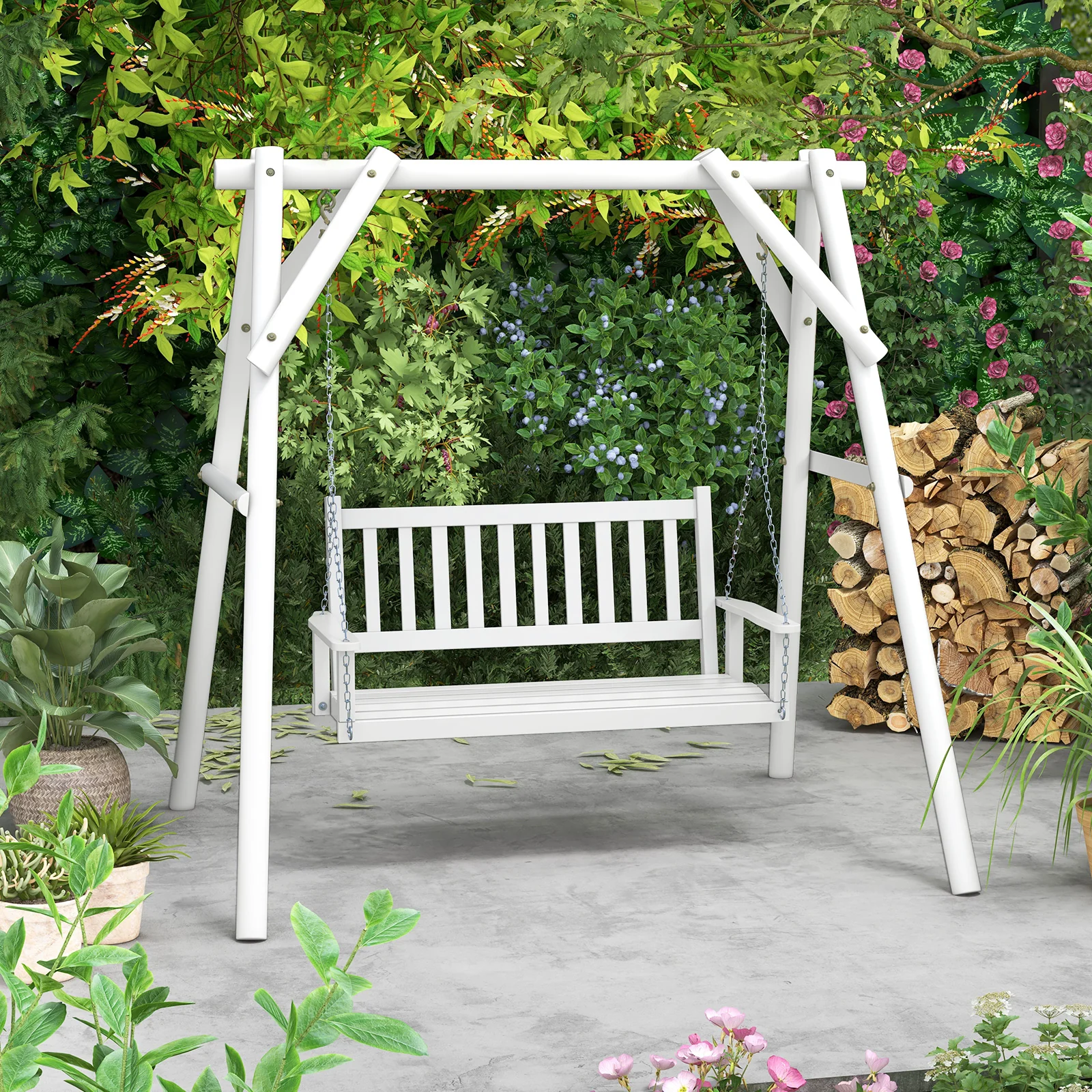 3-Person Wooden Outdoor Porch Swing, 800 lbs Weight Capacity, White - Image 2