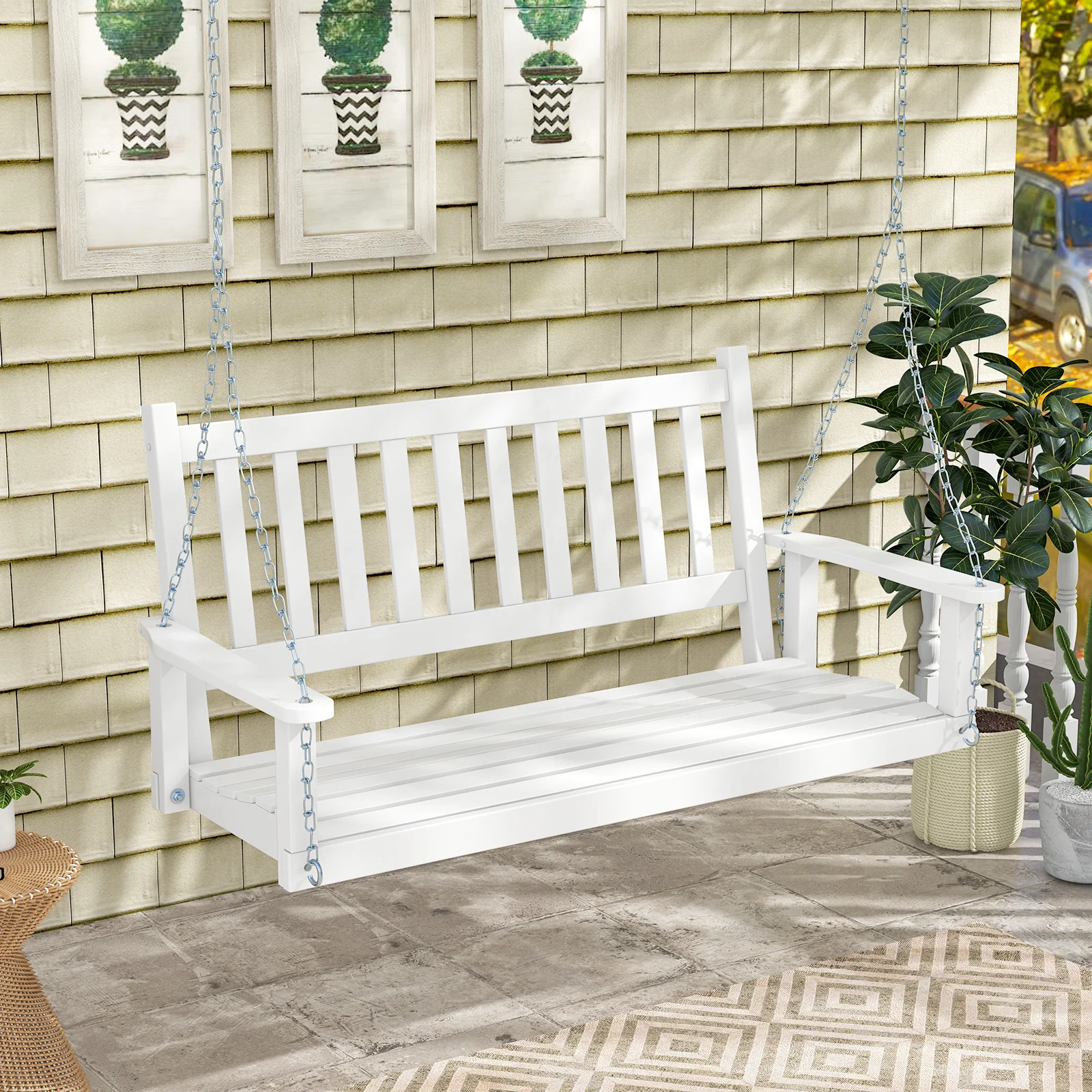 3-Person Wooden Outdoor Porch Swing, 800 lbs Weight Capacity, White - Image 3