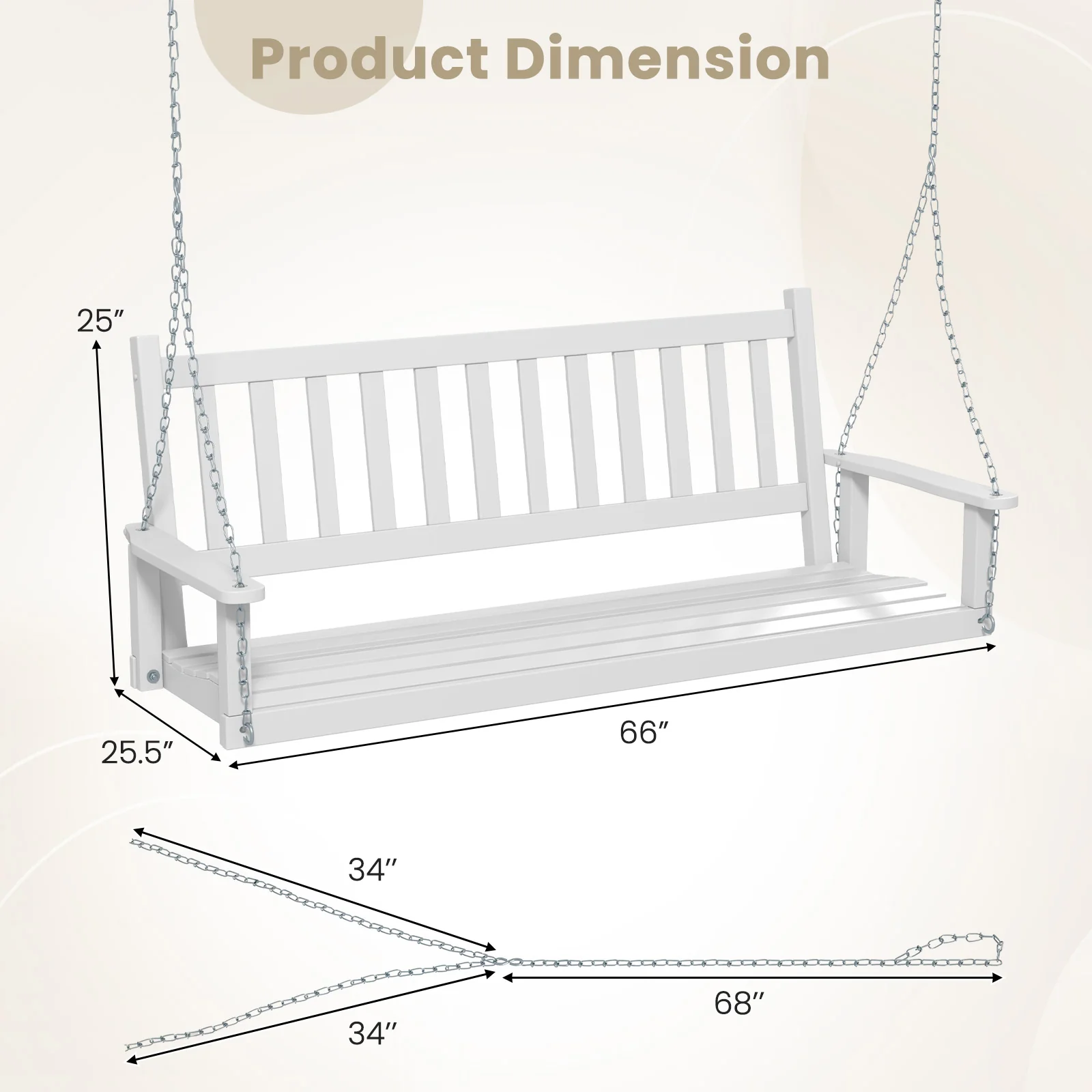 3-Person Wooden Outdoor Porch Swing, 800 lbs Weight Capacity, White - Image 5
