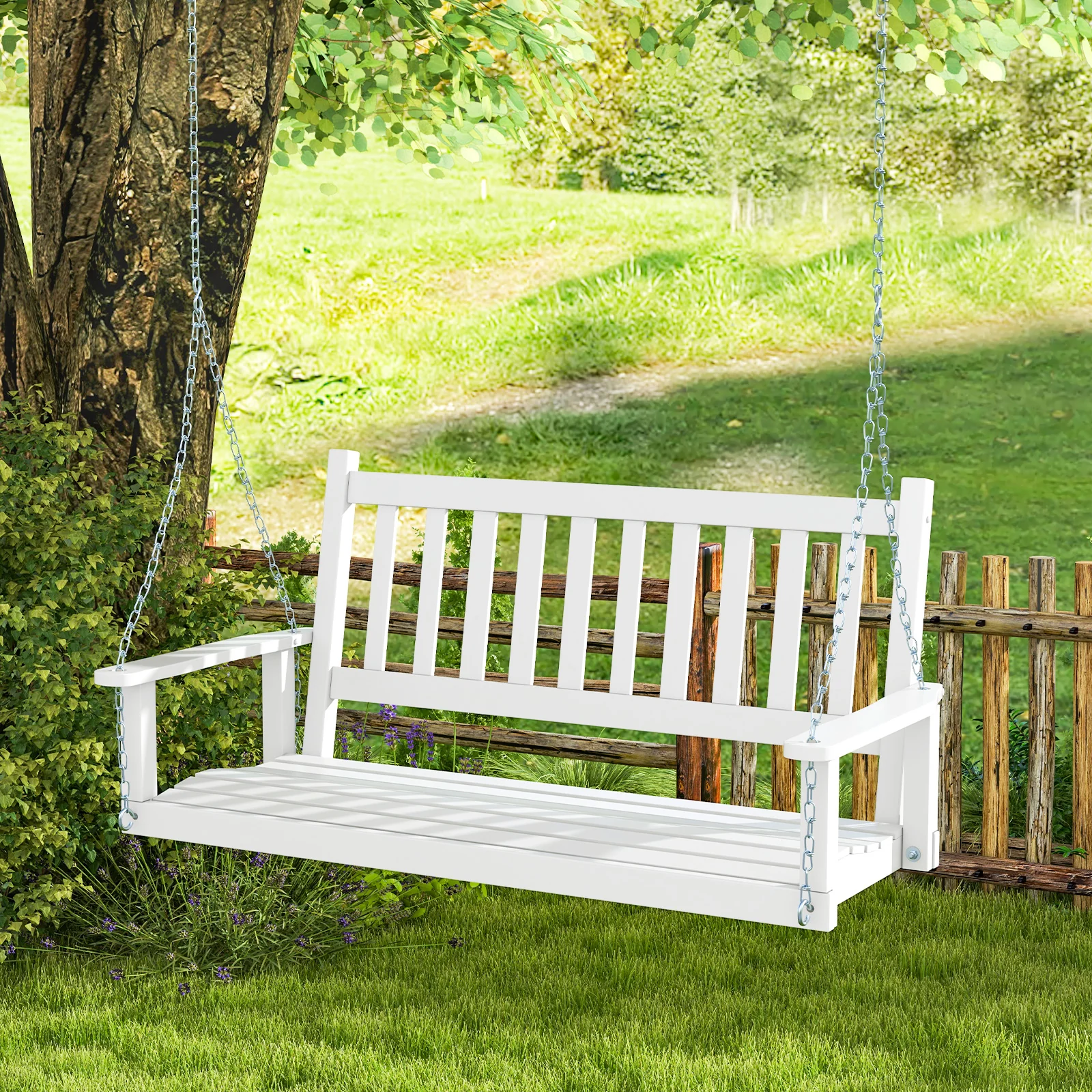 3-Person Wooden Outdoor Porch Swing, 800 lbs Weight Capacity, White - Image 6
