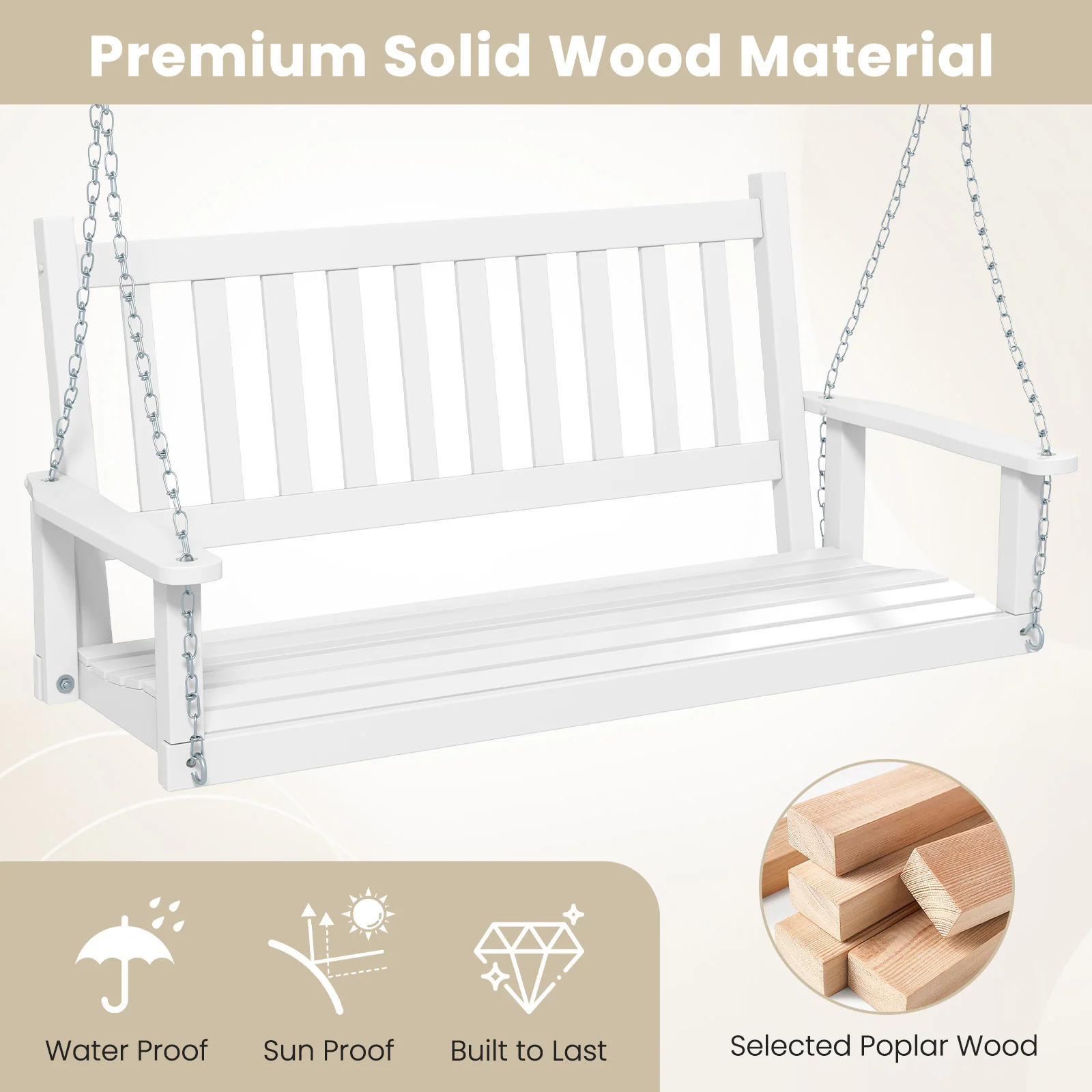 3-Person Wooden Outdoor Porch Swing, 800 lbs Weight Capacity, White - Image 7