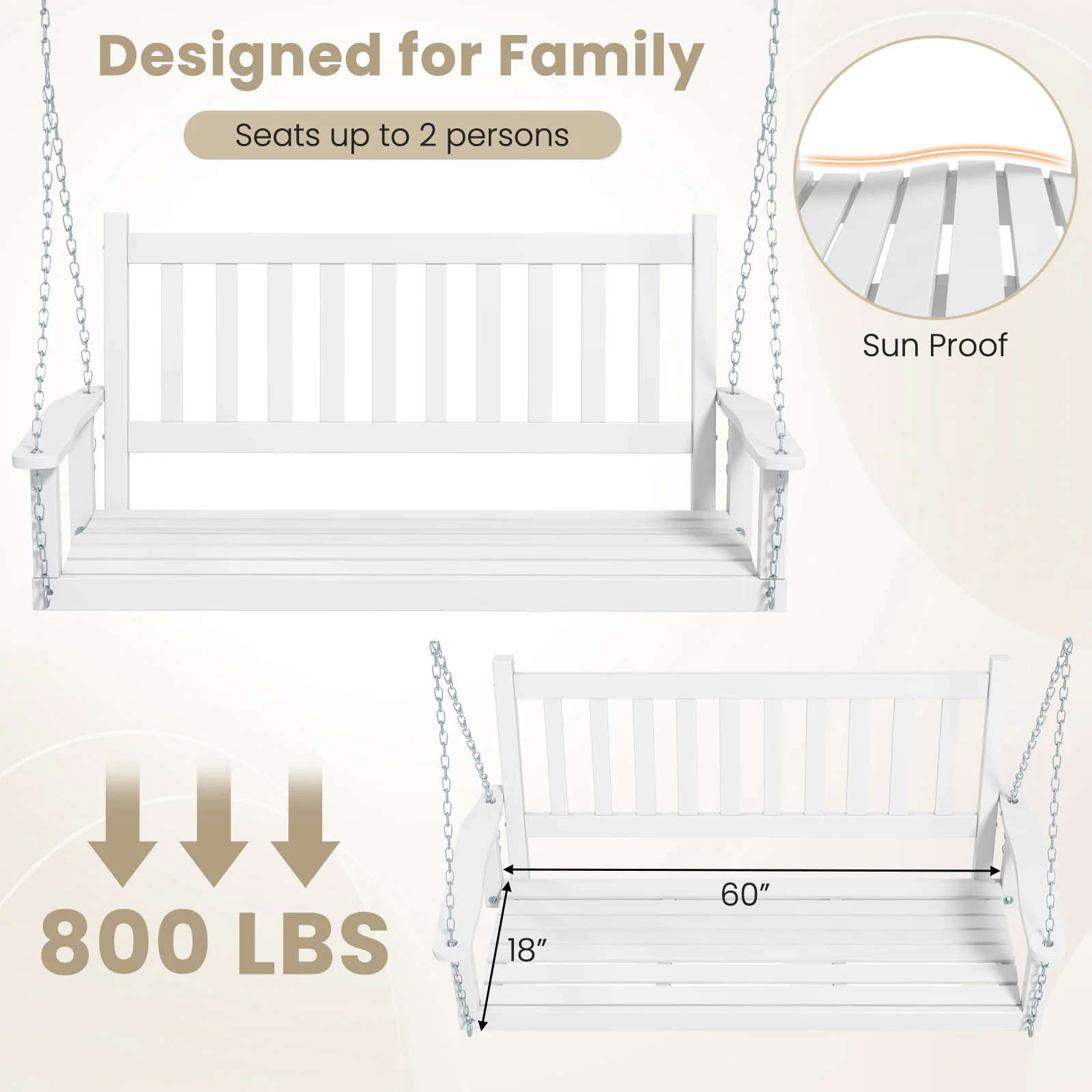3-Person Wooden Outdoor Porch Swing, 800 lbs Weight Capacity, White - Image 8