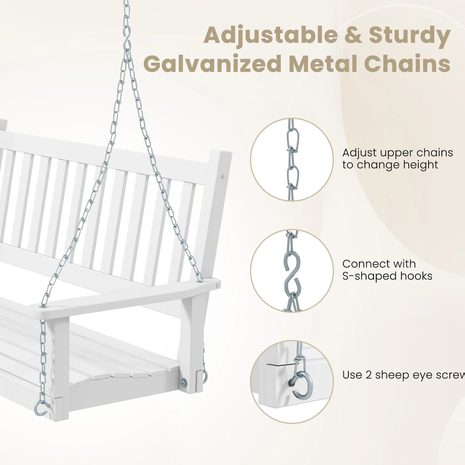 3-Person Wooden Outdoor Porch Swing, 800 lbs Weight Capacity, White - Image 9
