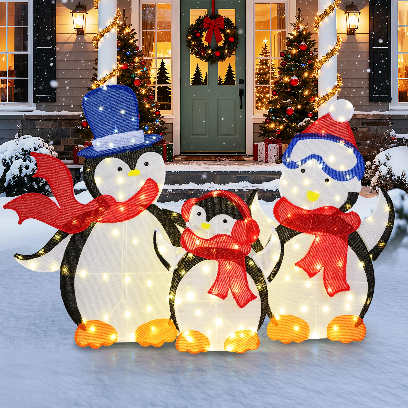 3-Piece 2D Lighted Penguin Family Christmas Decoration, 160 LED Lights - Image 2