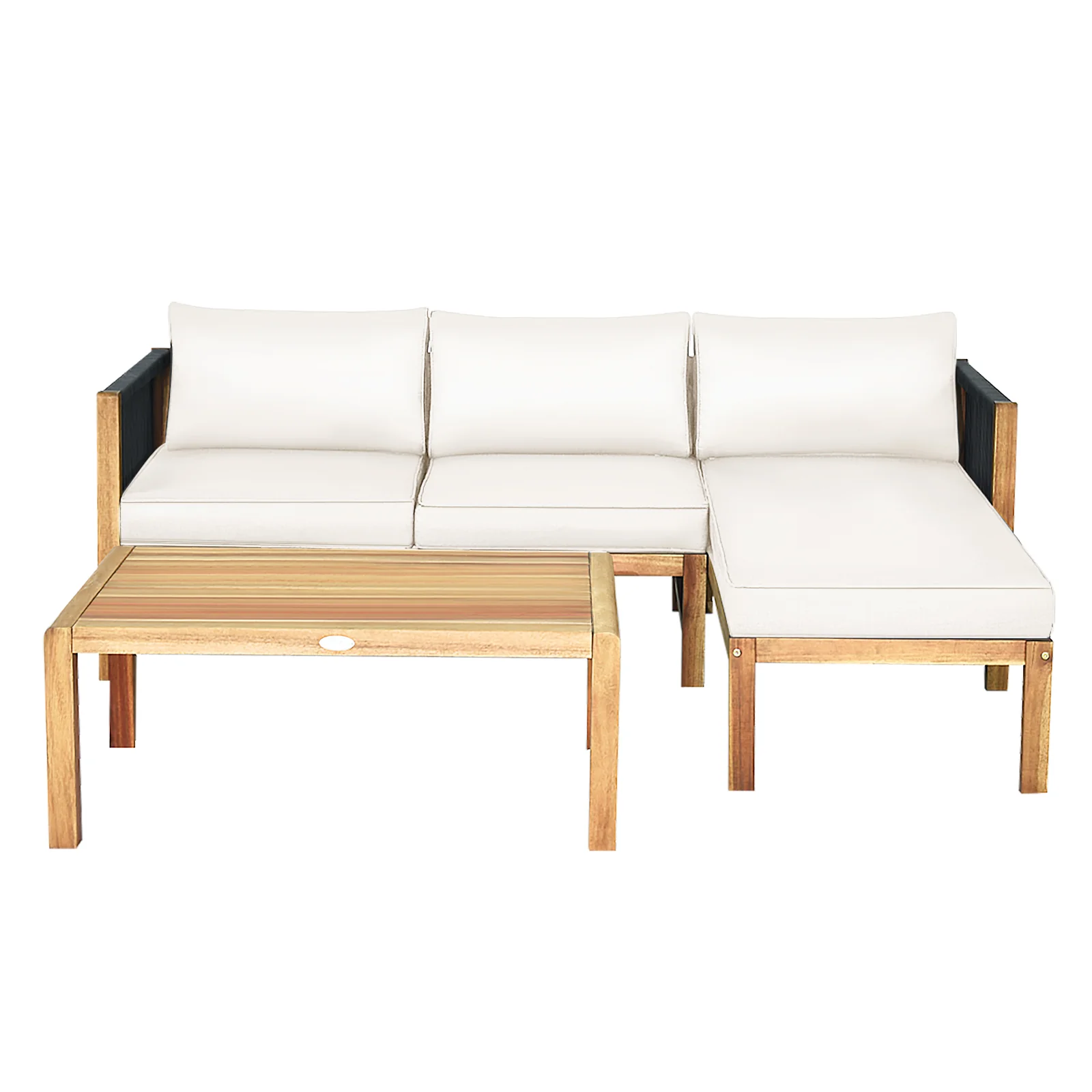 3 Piece Acacia Wood Patio Sofa Set, Nylon Rope Armrest, White