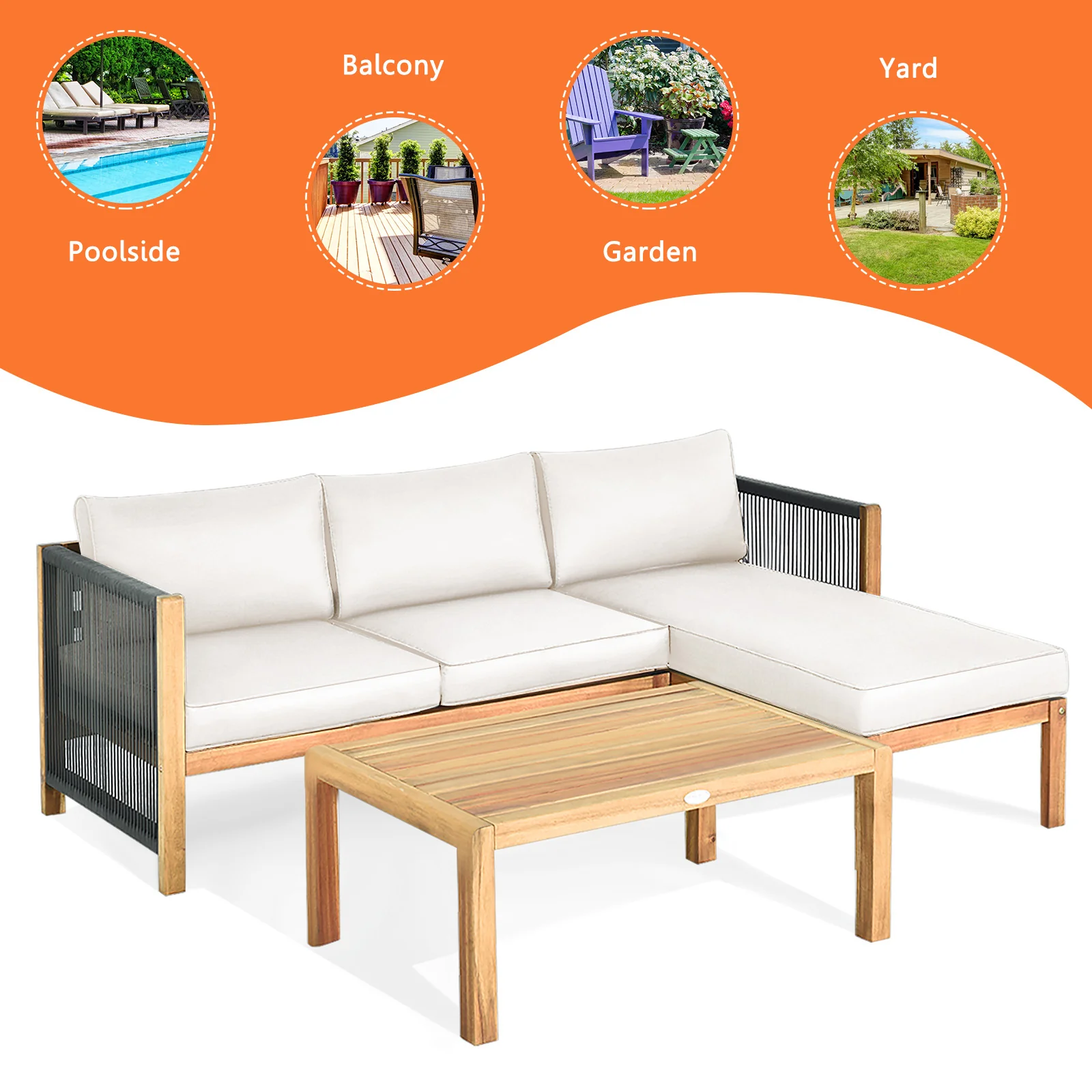 3 Piece Acacia Wood Patio Sofa Set, Nylon Rope Armrest, White - Image 10