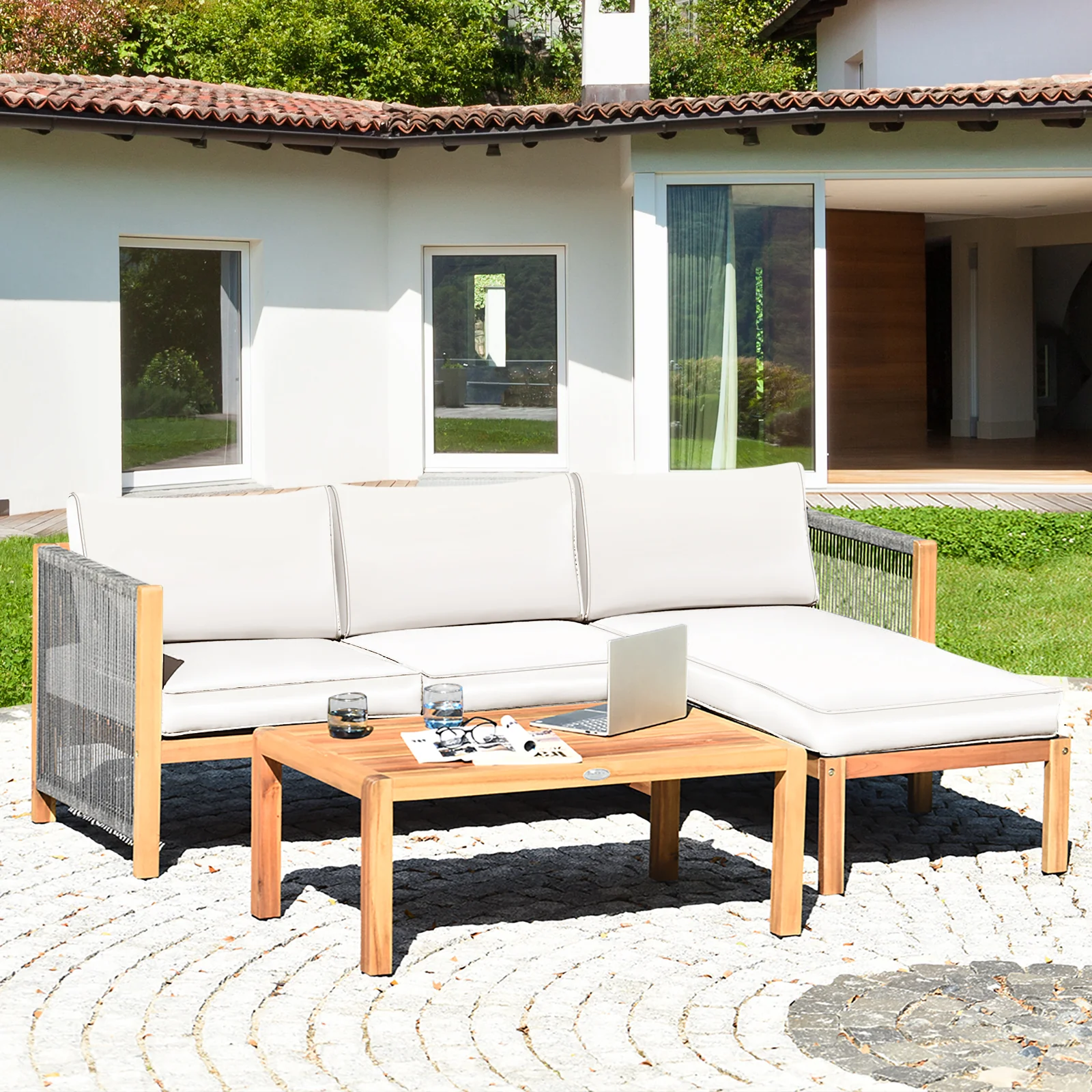 3 Piece Acacia Wood Patio Sofa Set, Nylon Rope Armrest, White - Image 2