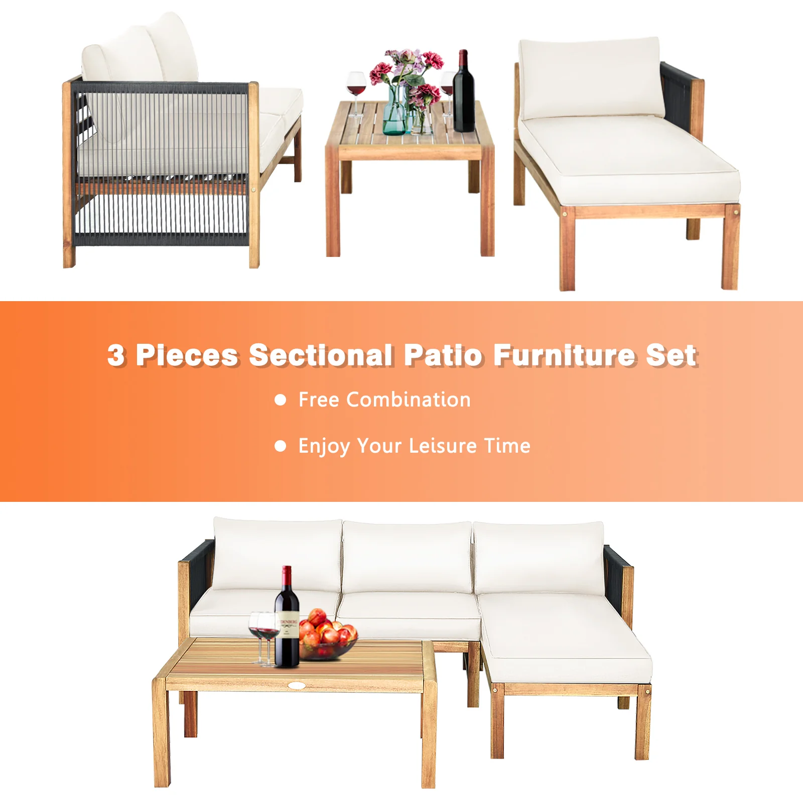 3 Piece Acacia Wood Patio Sofa Set, Nylon Rope Armrest, White - Image 6