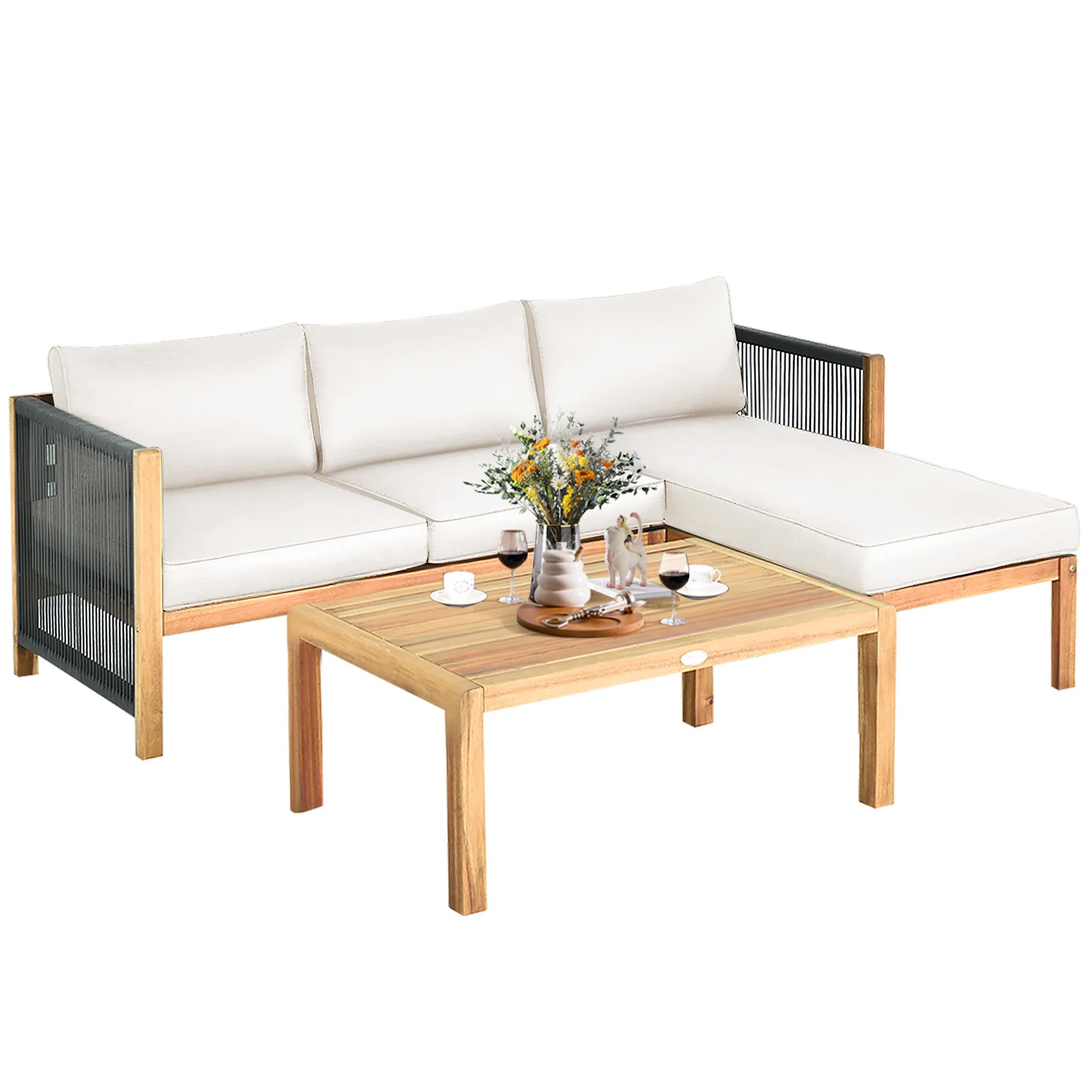 3 Piece Acacia Wood Patio Sofa Set, Nylon Rope Armrest, White - Image 8