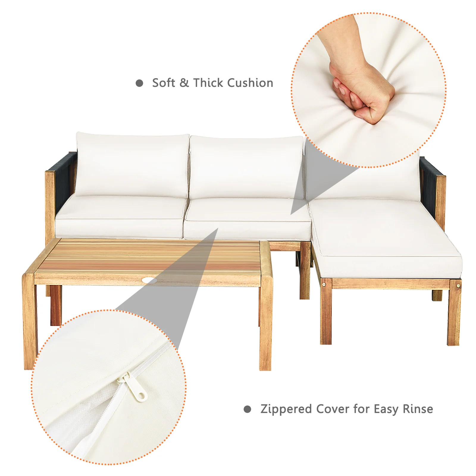 3 Piece Acacia Wood Patio Sofa Set, Nylon Rope Armrest, White - Image 9