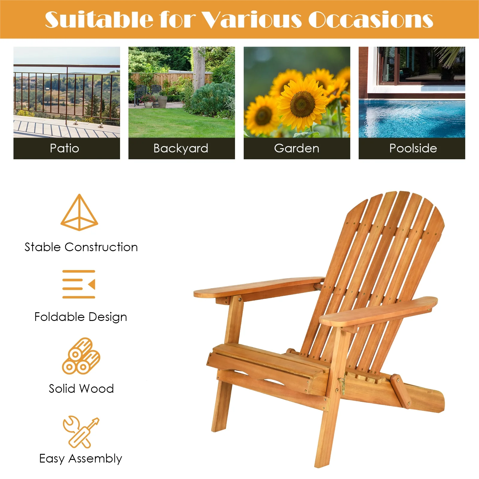 3 Piece Adirondack Chair Set, Widened Armrest, Natural - Image 3