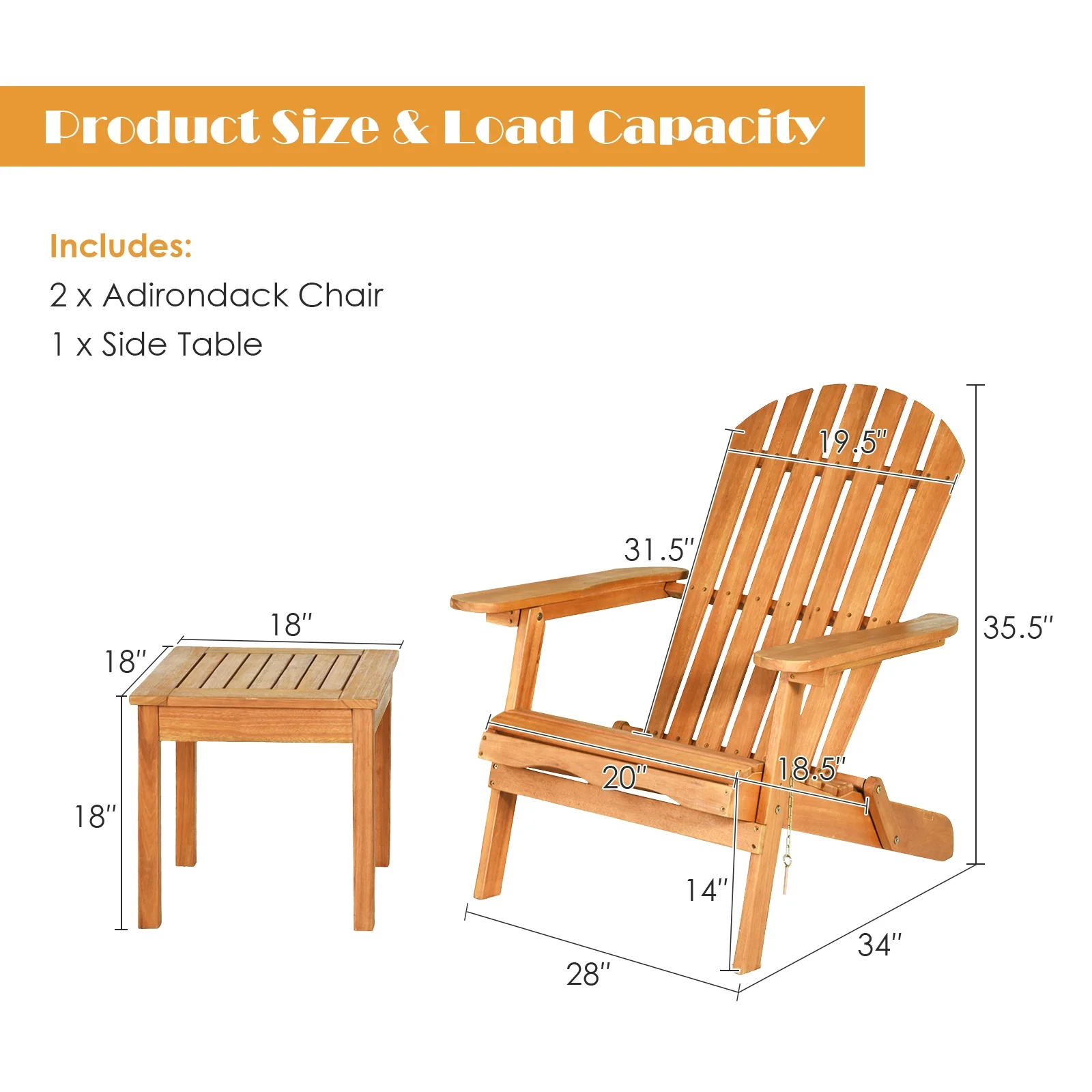 3 Piece Adirondack Chair Set, Widened Armrest, Natural - Image 5