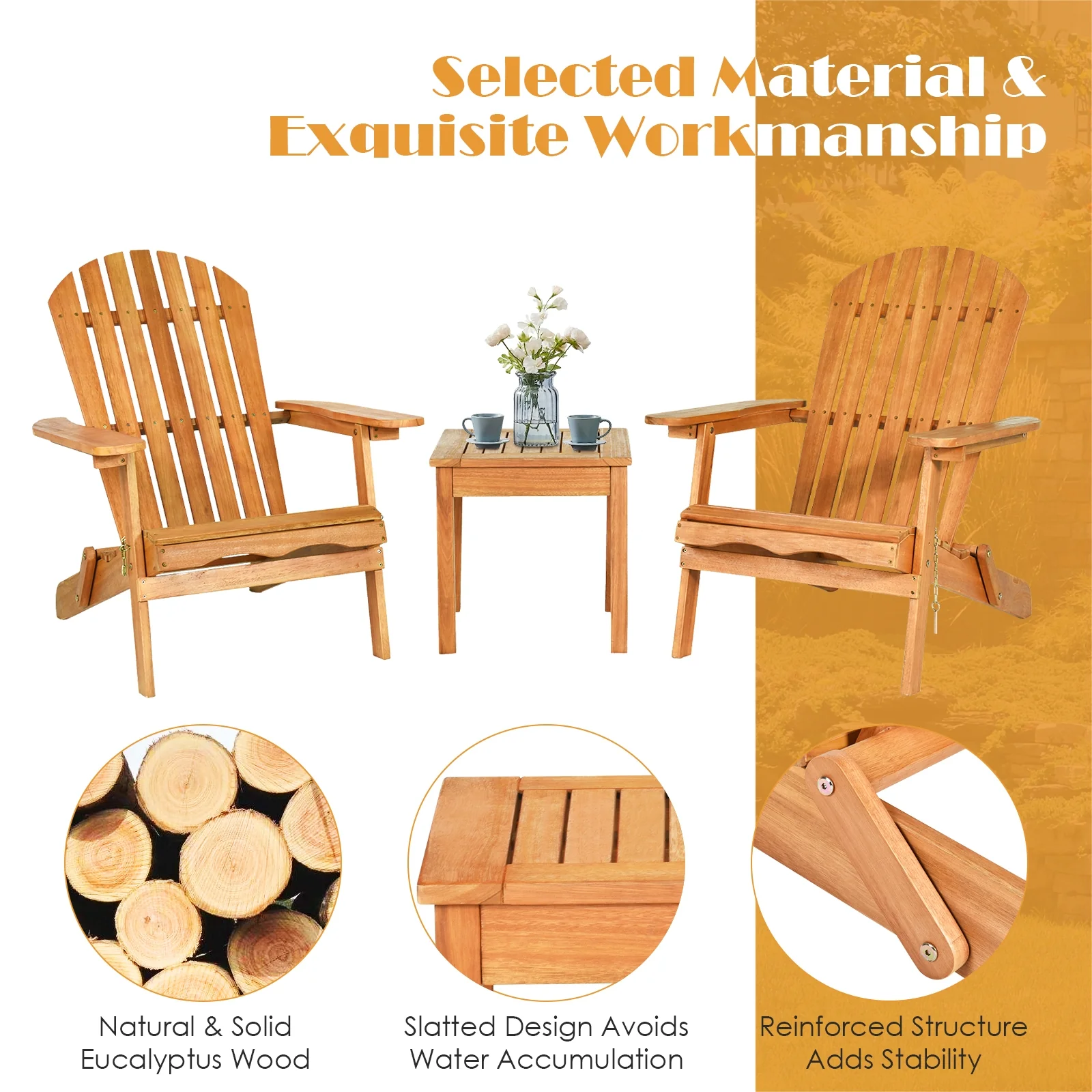 3 Piece Adirondack Chair Set, Widened Armrest, Natural - Image 6