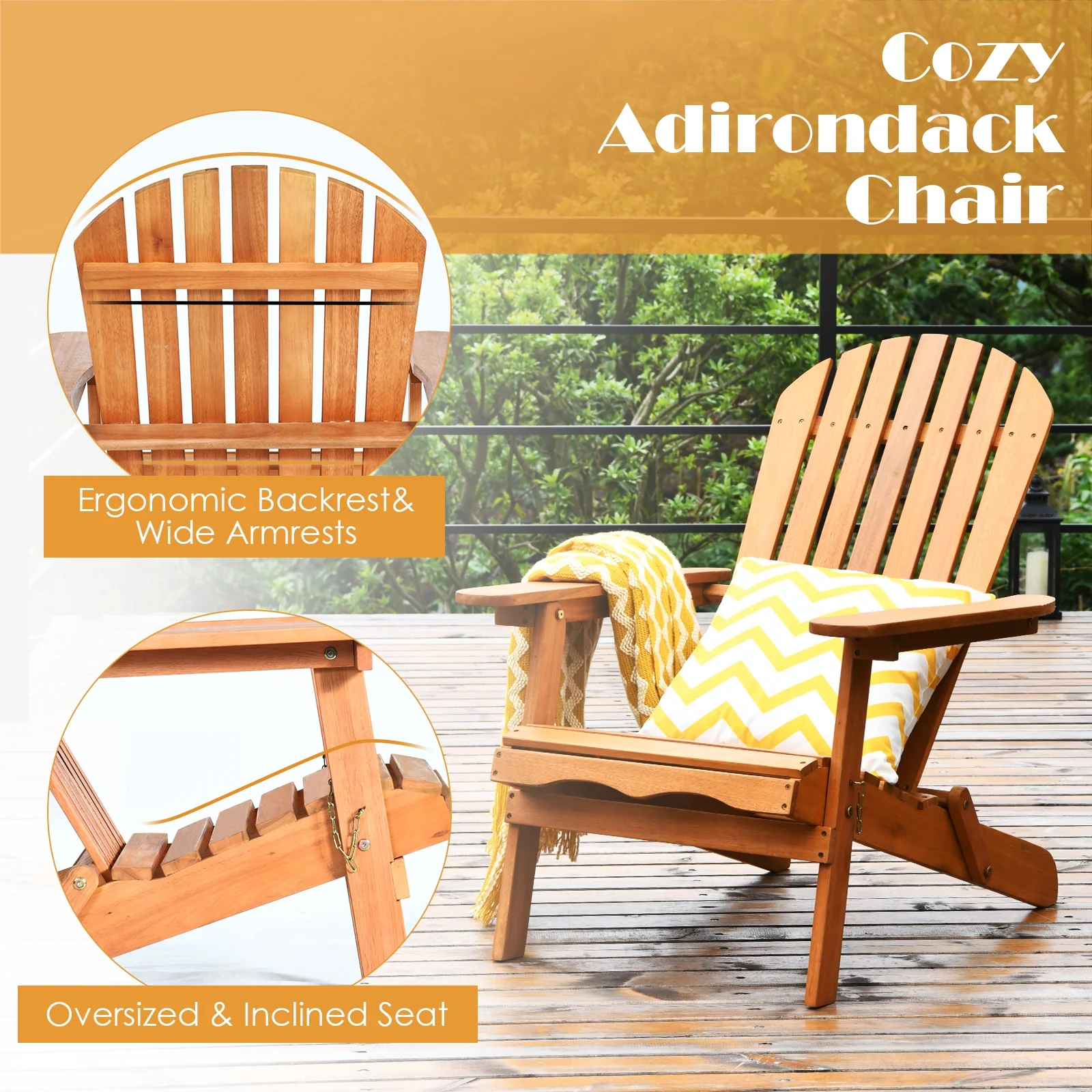 3 Piece Adirondack Chair Set, Widened Armrest, Natural - Image 9
