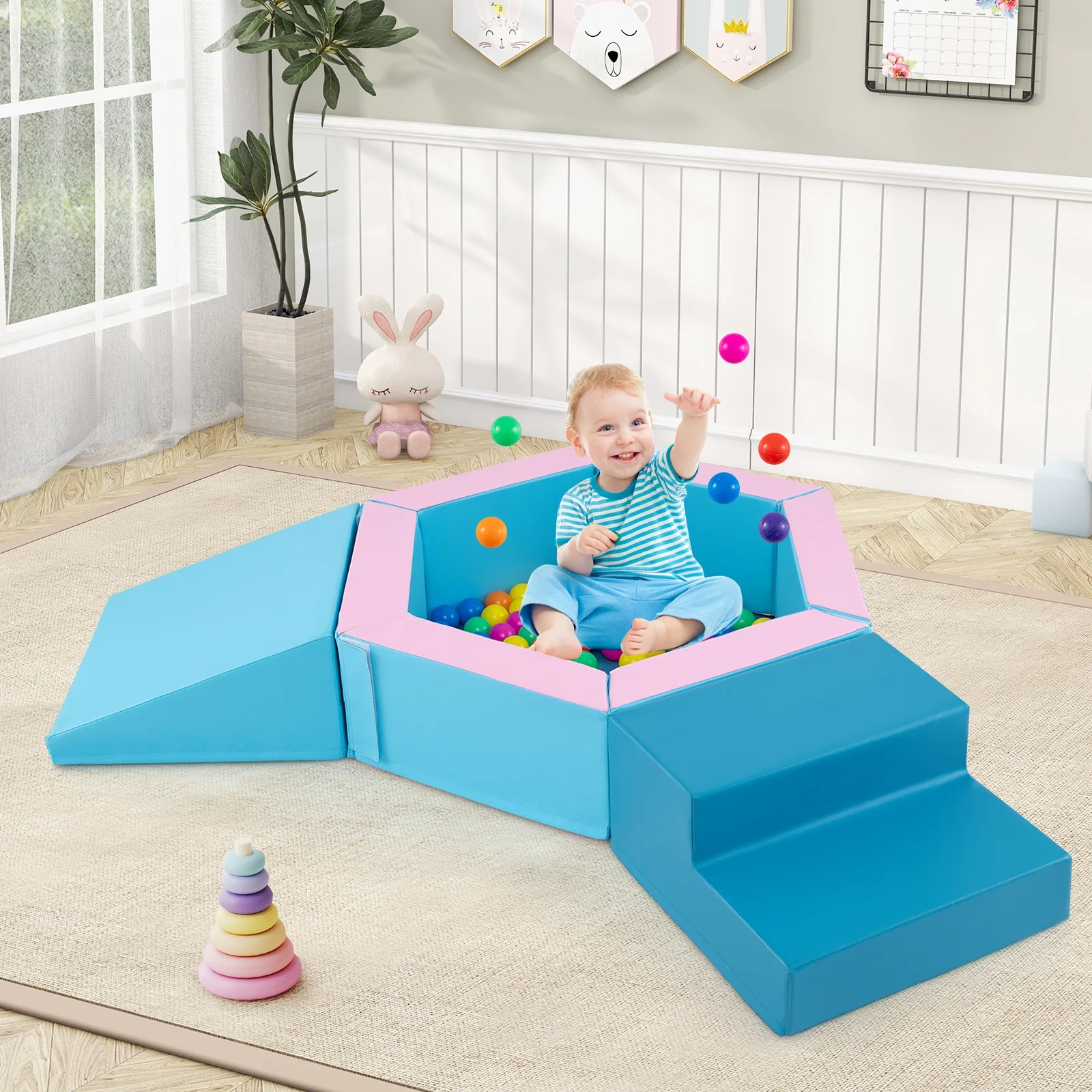 3-Piece Baby Foam Climbing Blocks, Crawl Set With 100 Ocean Balls, Blue - Image 3