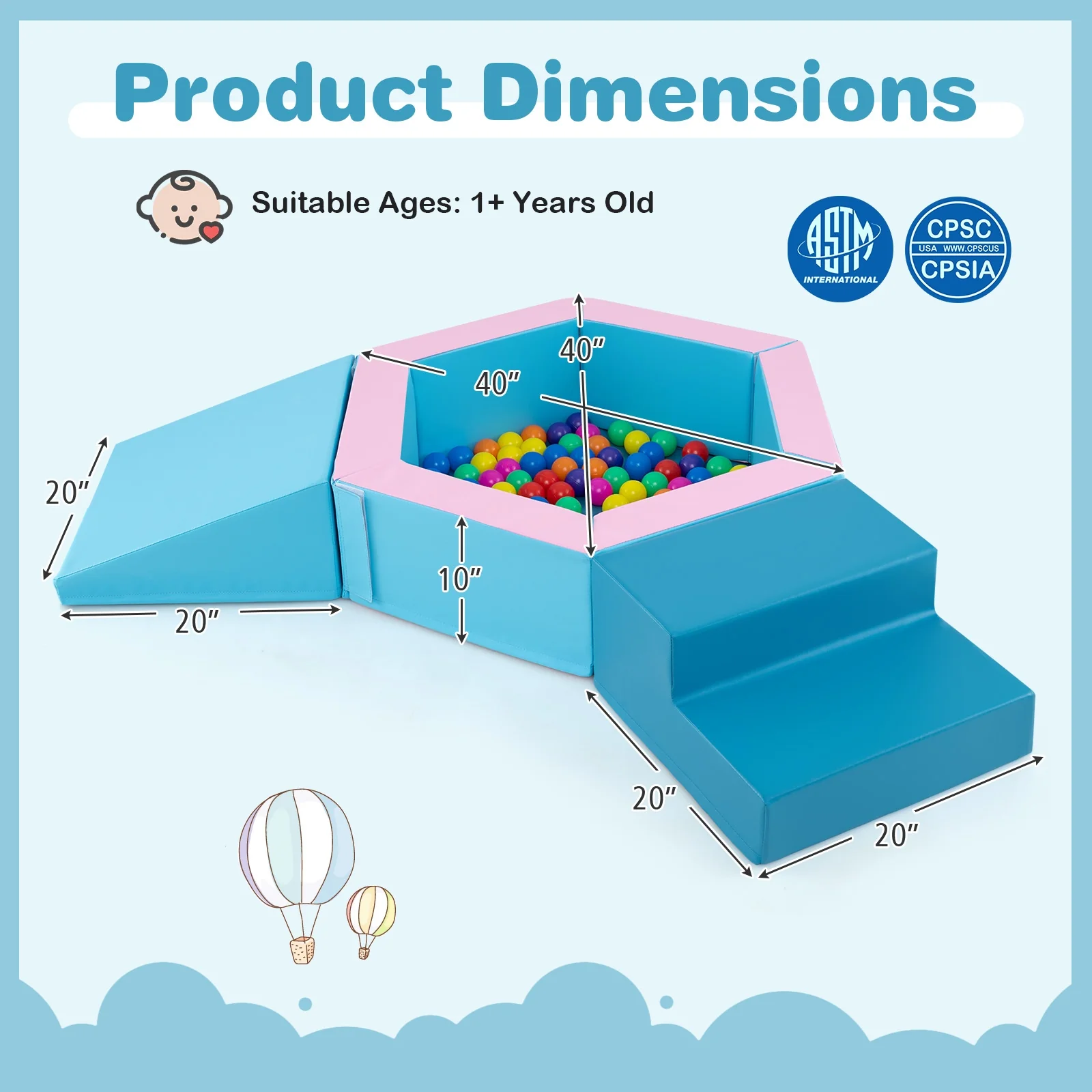 3-Piece Baby Foam Climbing Blocks, Crawl Set With 100 Ocean Balls, Blue - Image 5