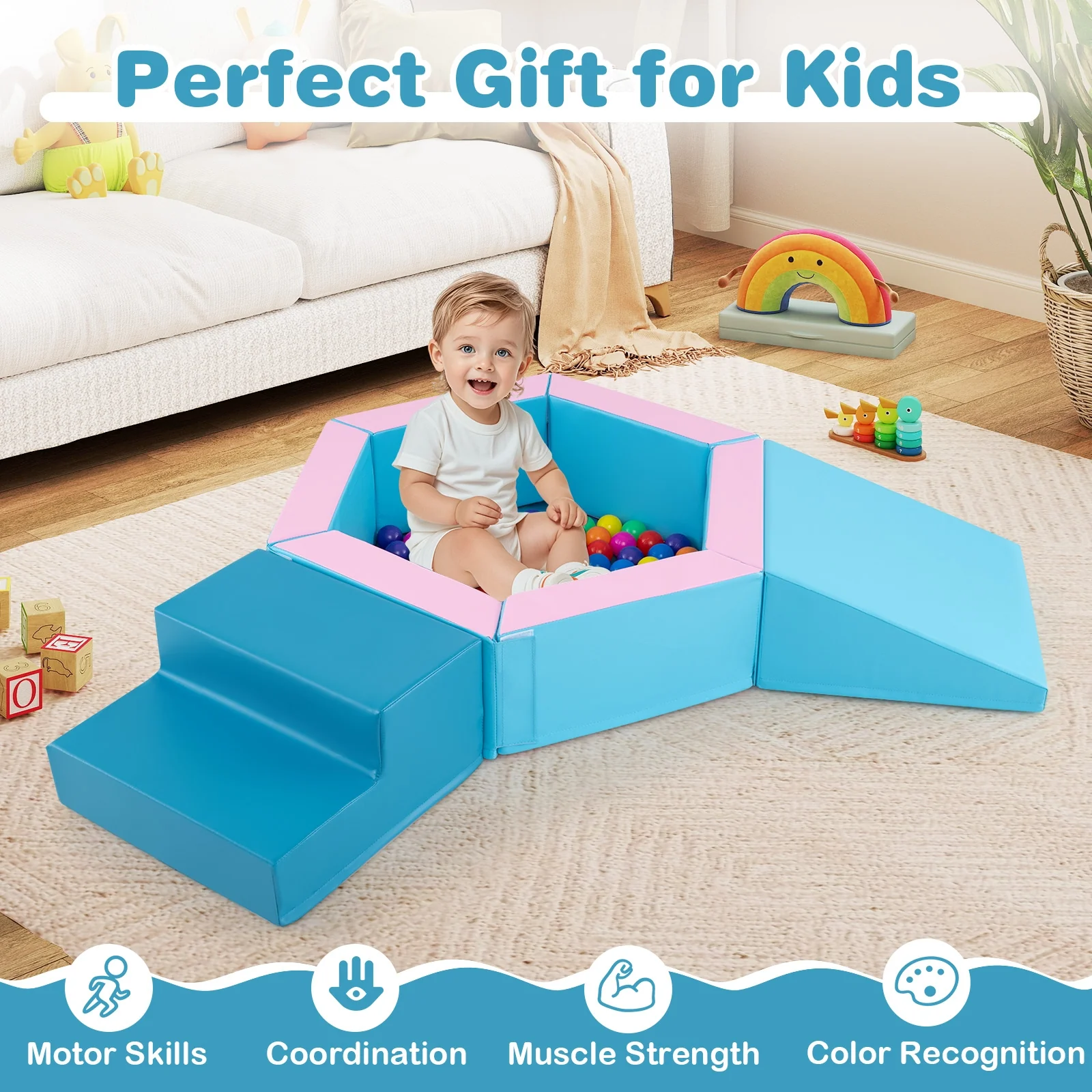 3-Piece Baby Foam Climbing Blocks, Crawl Set With 100 Ocean Balls, Blue - Image 6