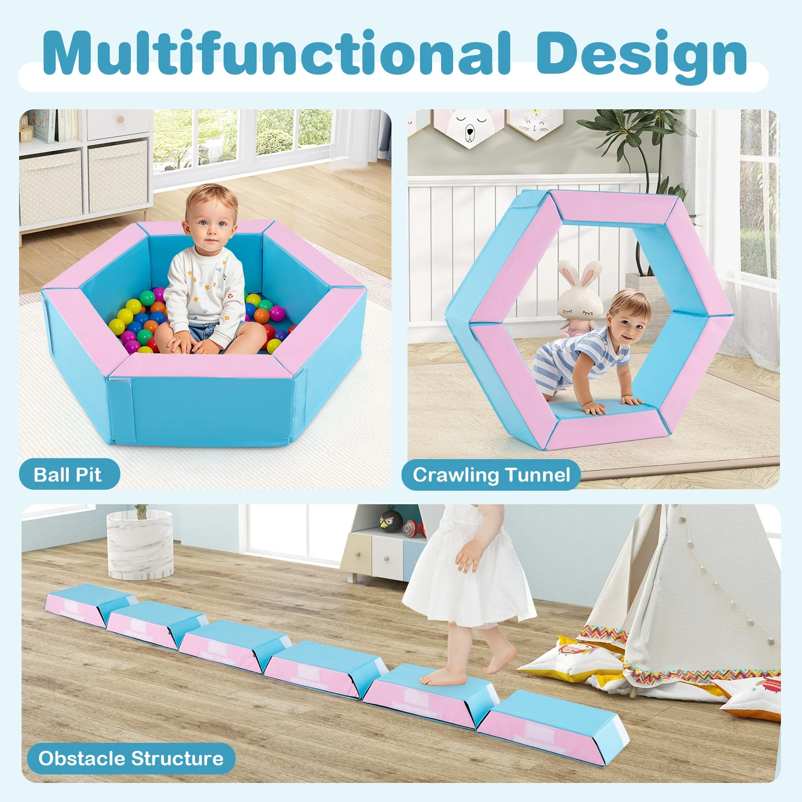 3-Piece Baby Foam Climbing Blocks, Crawl Set With 100 Ocean Balls, Blue - Image 8