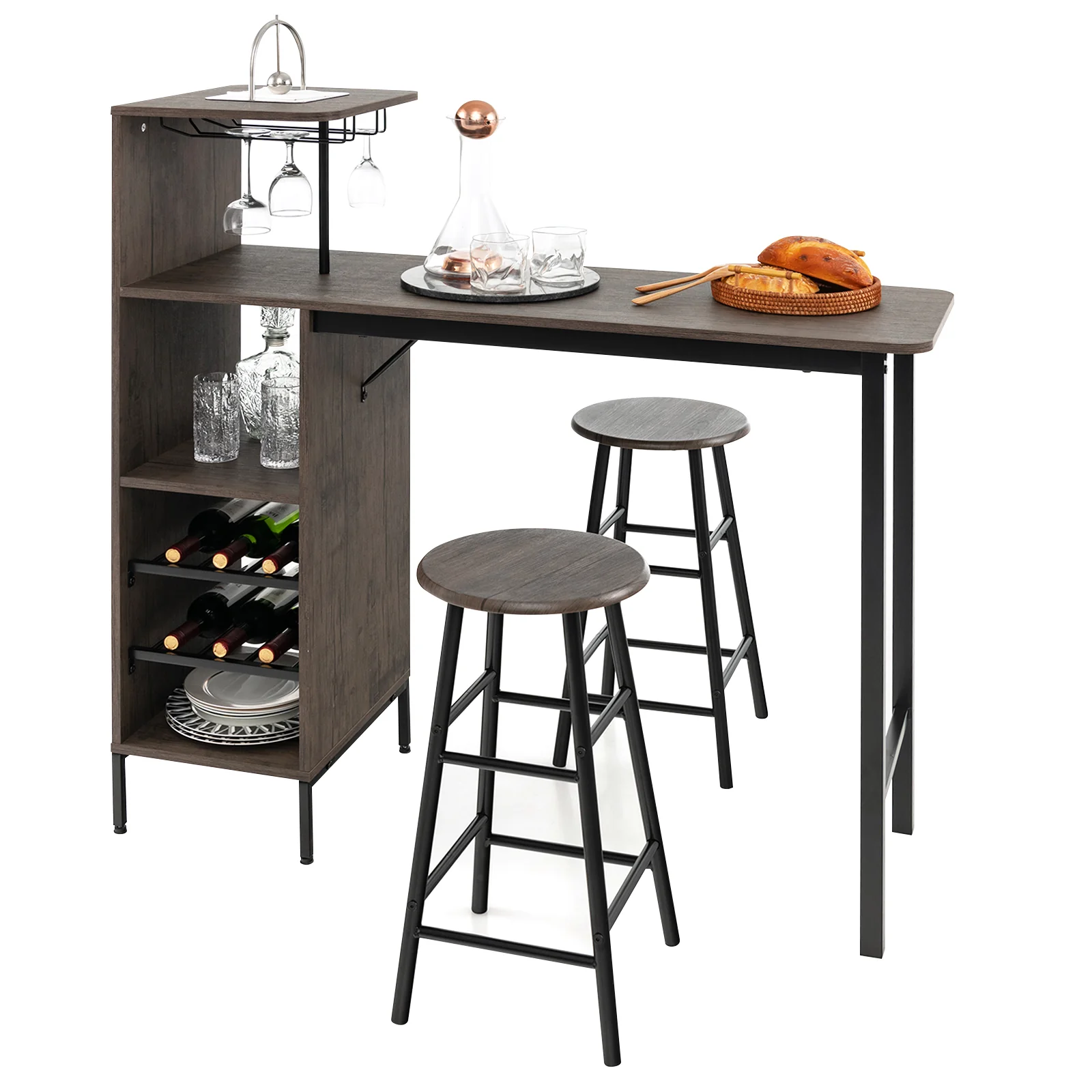 3 Piece Bar Table And Chairs Set, 6-Bottle Wine Rack, Brown