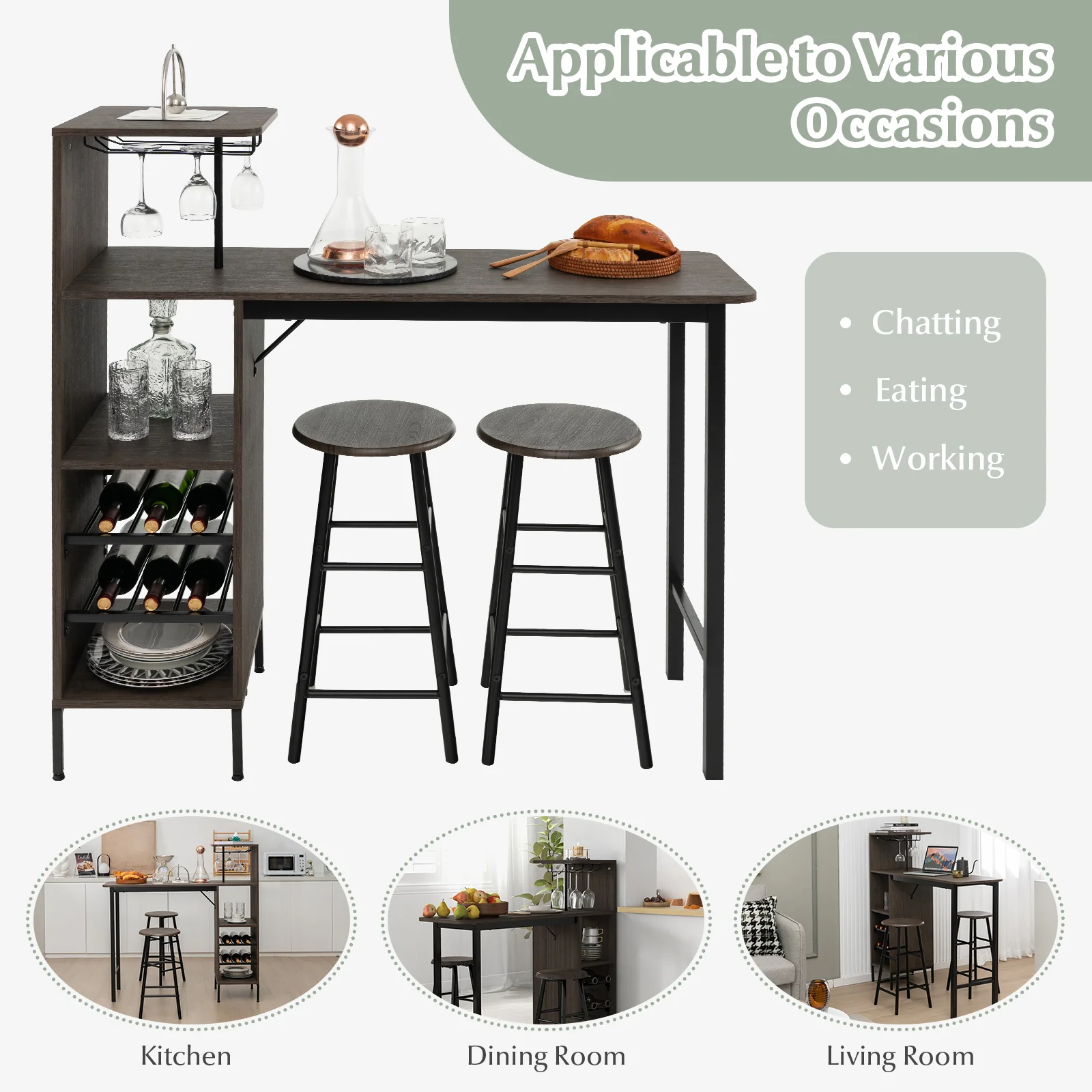 3 Piece Bar Table And Chairs Set, 6-Bottle Wine Rack, Brown - Image 10