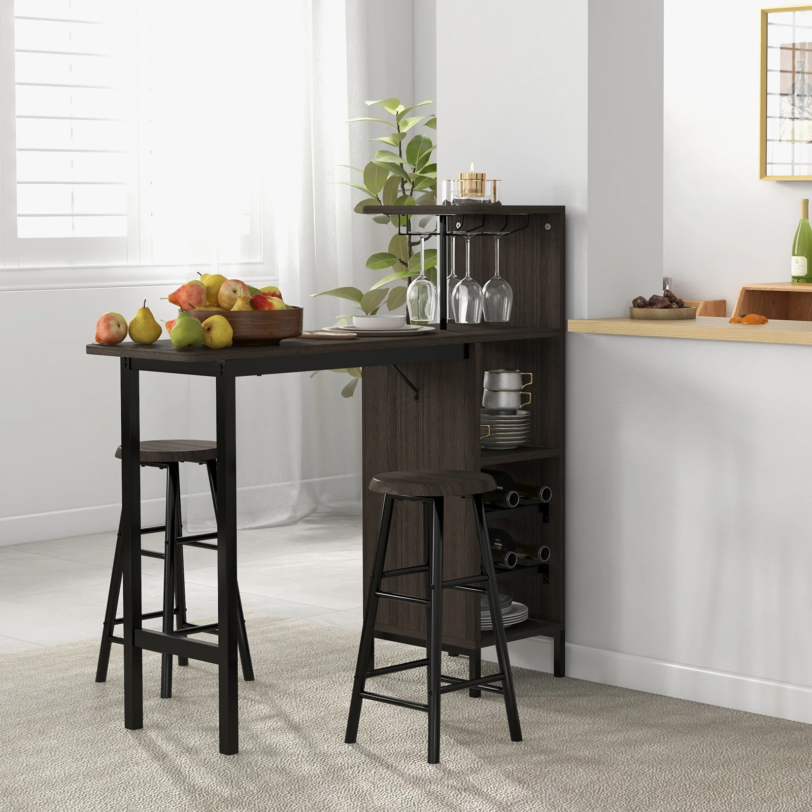 3 Piece Bar Table And Chairs Set, 6-Bottle Wine Rack, Brown - Image 2