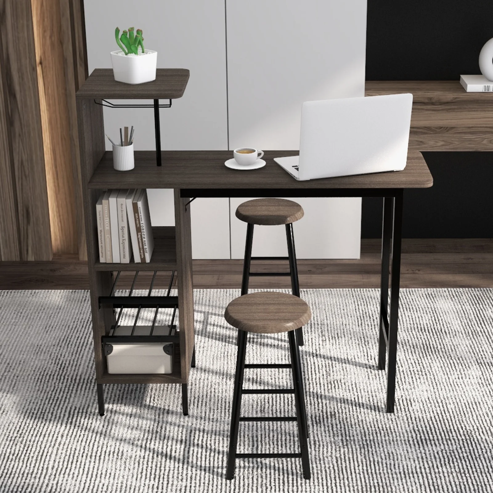 3 Piece Bar Table And Chairs Set, 6-Bottle Wine Rack, Brown - Image 3