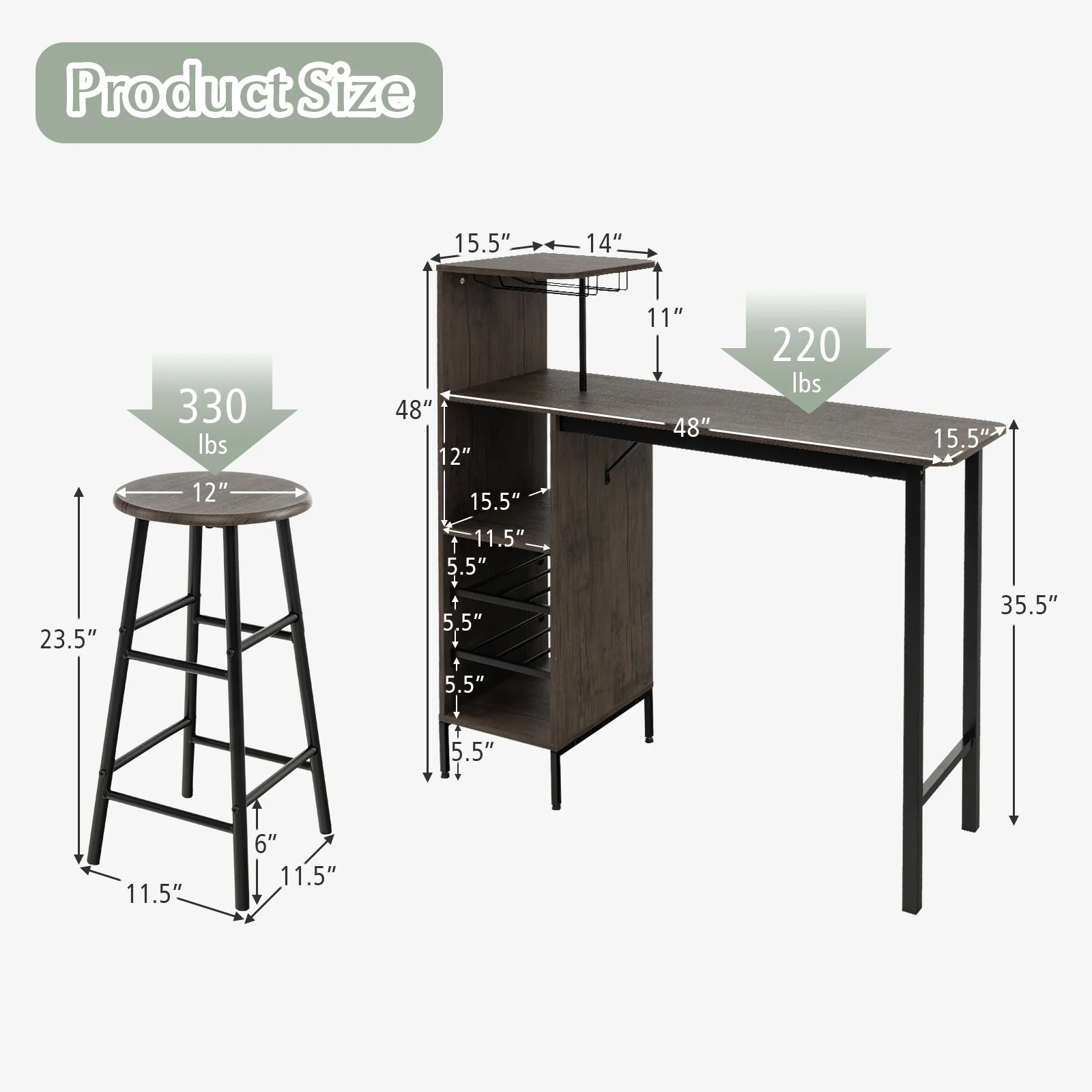 3 Piece Bar Table And Chairs Set, 6-Bottle Wine Rack, Brown - Image 5