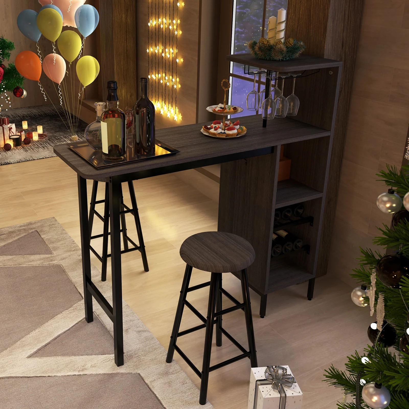3 Piece Bar Table And Chairs Set, 6-Bottle Wine Rack, Brown - Image 6