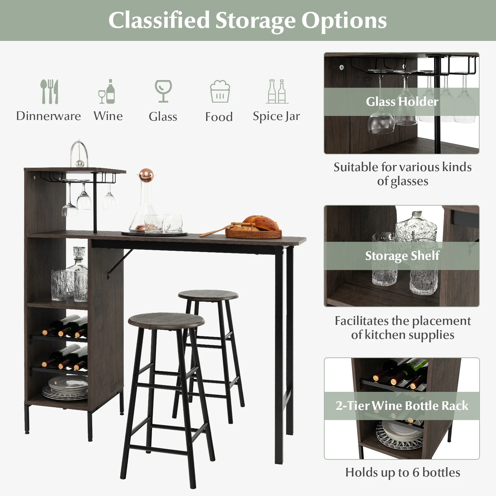 3 Piece Bar Table And Chairs Set, 6-Bottle Wine Rack, Brown - Image 7