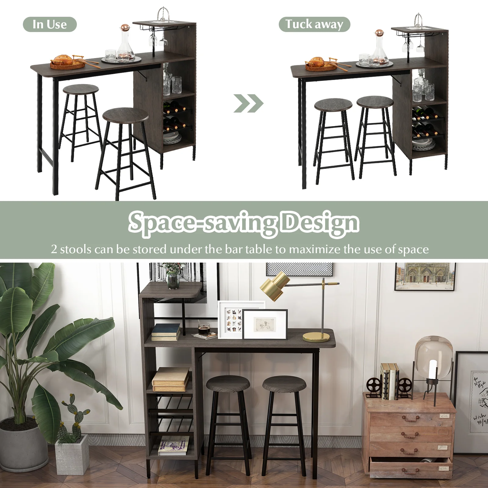 3 Piece Bar Table And Chairs Set, 6-Bottle Wine Rack, Brown - Image 8