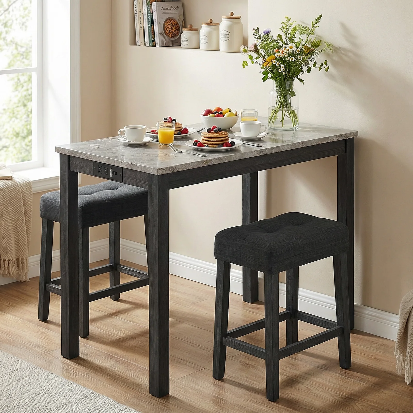 3-Piece Bar Table Set with Charging Station with Faux Marble Top-GR, Gray - Image 2