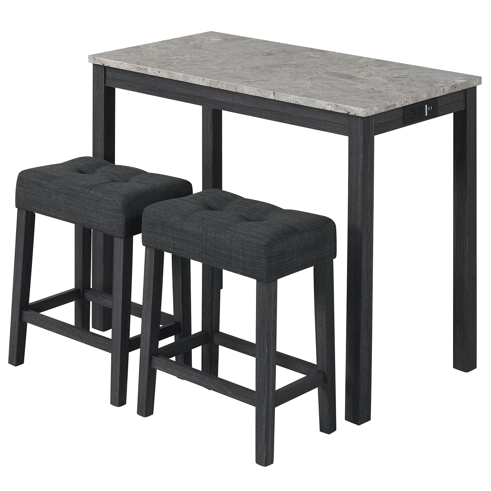 3-Piece Bar Table Set with Charging Station with Faux Marble Top-GR, Gray - Image 3