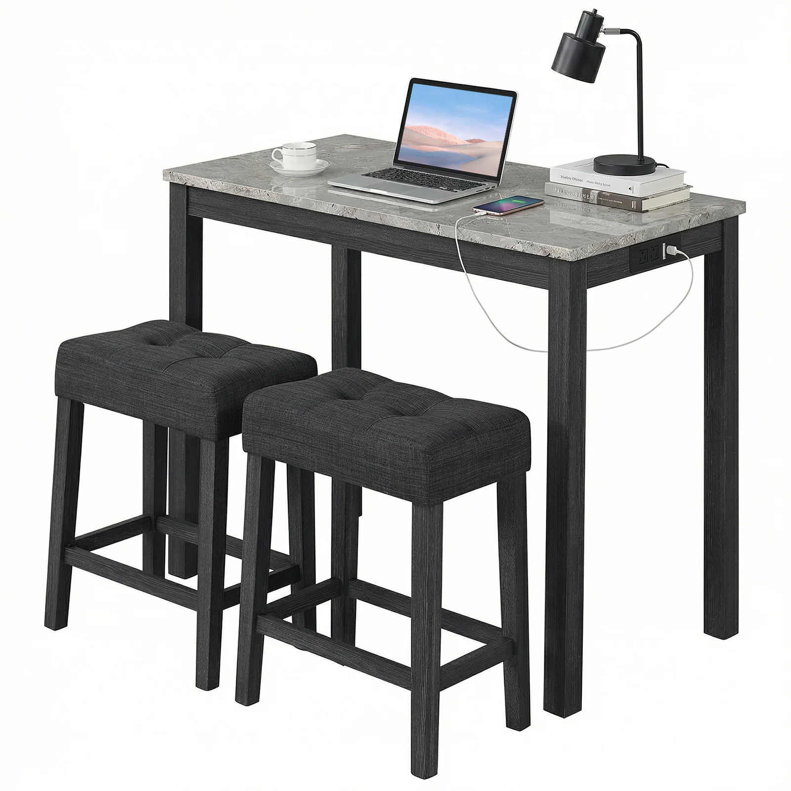 3-Piece Bar Table Set with Charging Station with Faux Marble Top-GR, Gray - Image 4